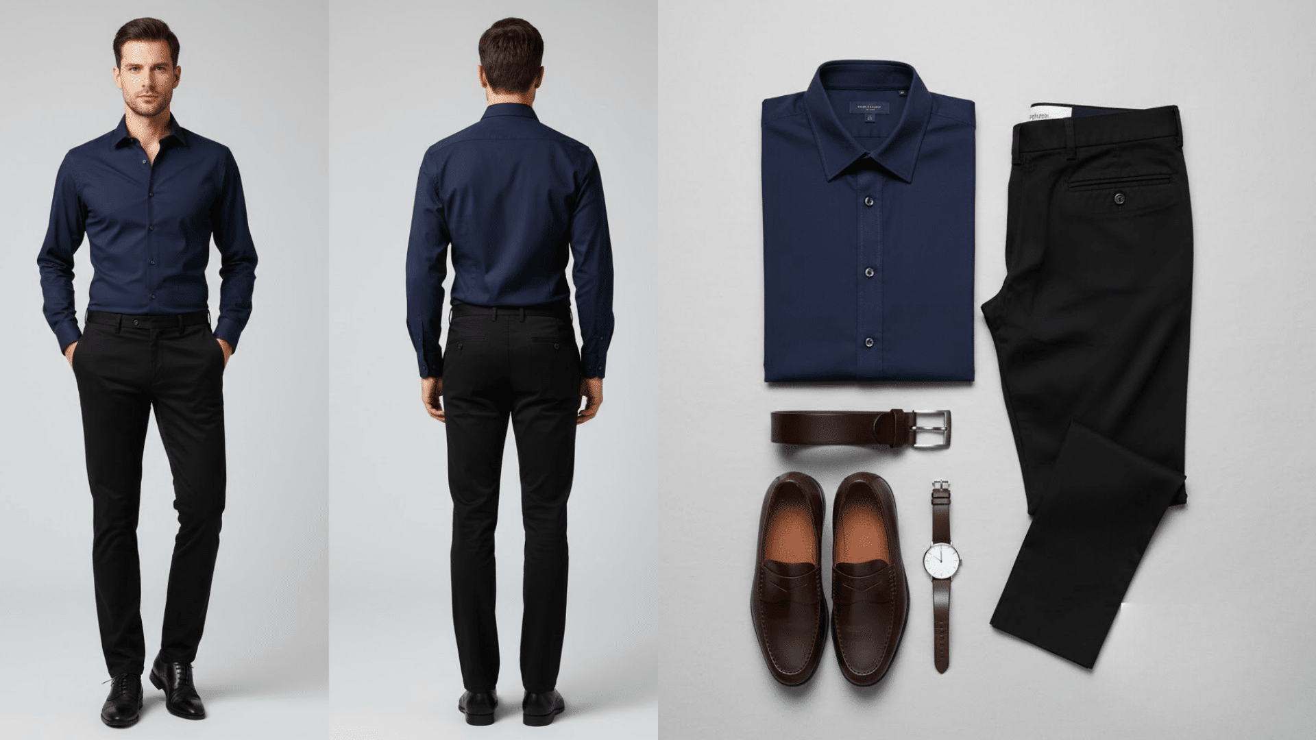 Male model in navy shirt and black pants, with flat lay of matching outfit and accessories