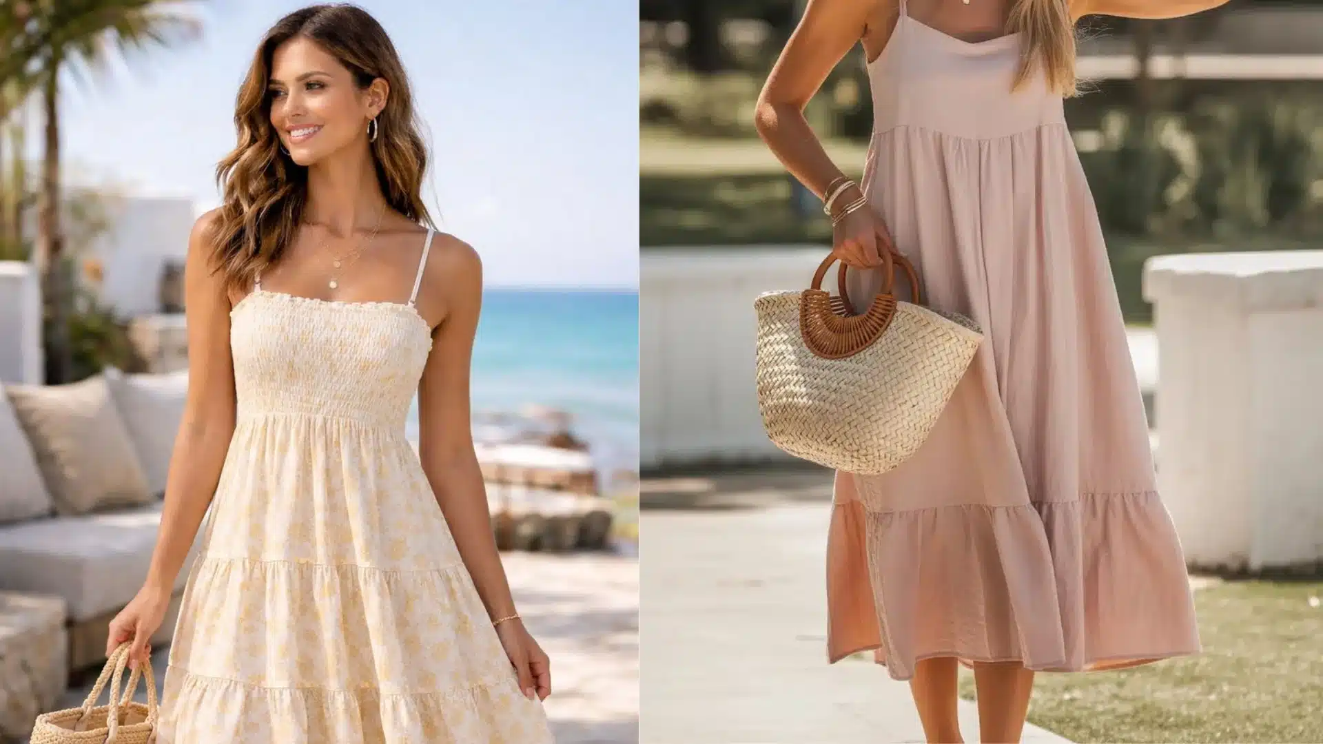 Split image featuring two women modeling lightweight tiered sundresses—one cream floral outdoors by the ocean and one solid blush pink holding a straw bag