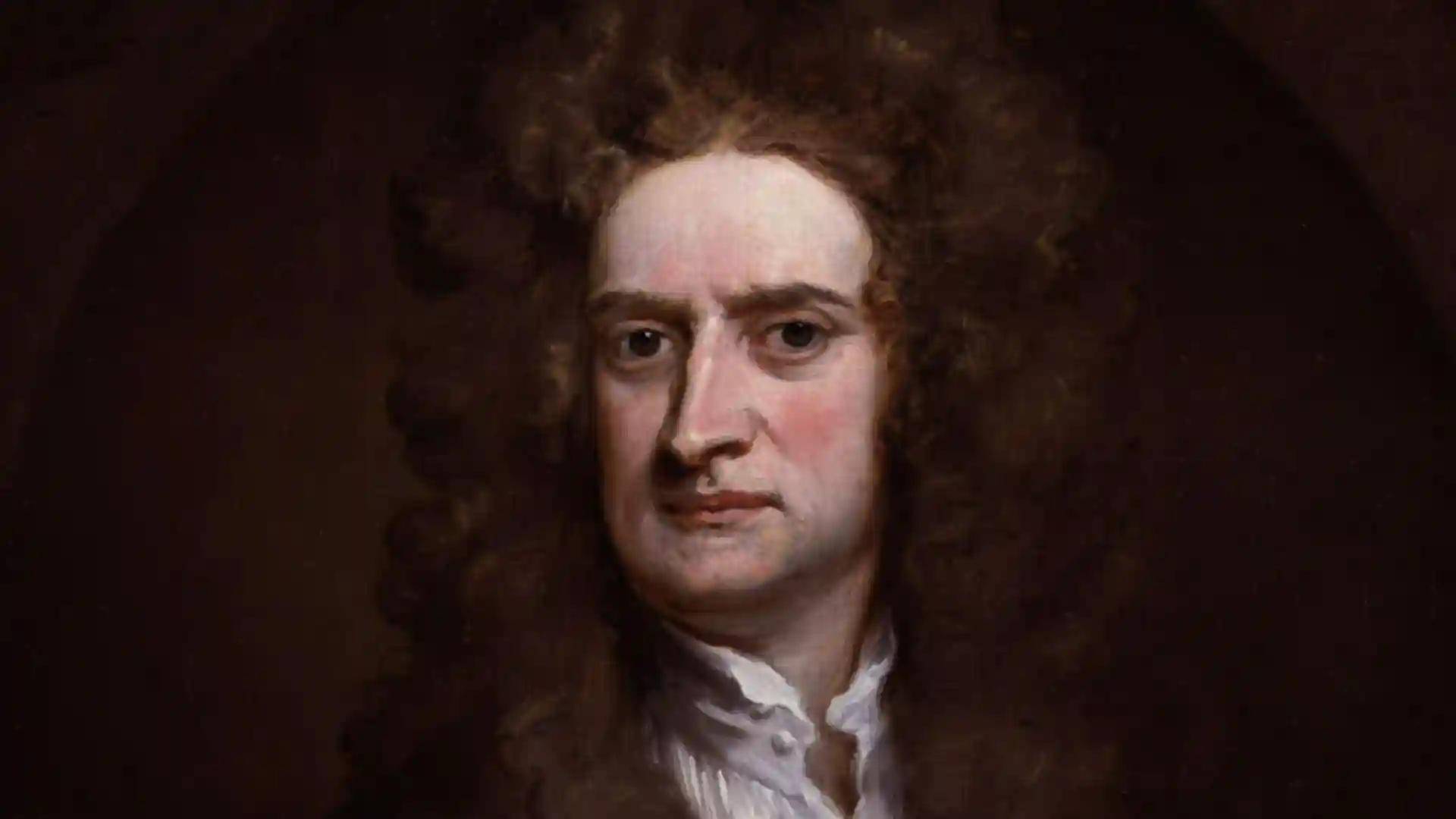 Sir Isaac Newton in a dark wig and white ruffled shirt.