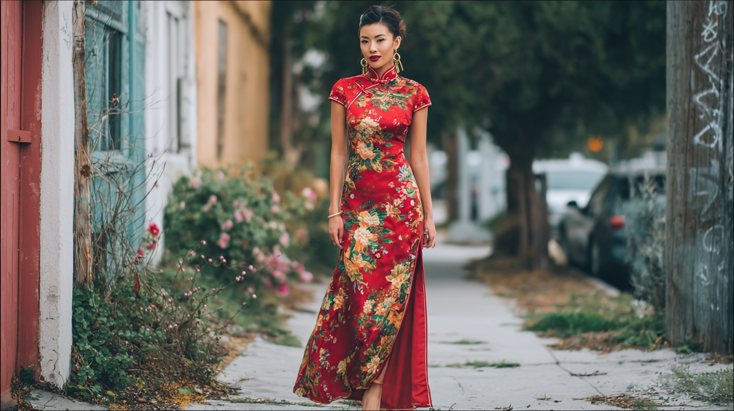 Woman in fitted red floral cheongsam dress standing on urban pathway with trees in background
