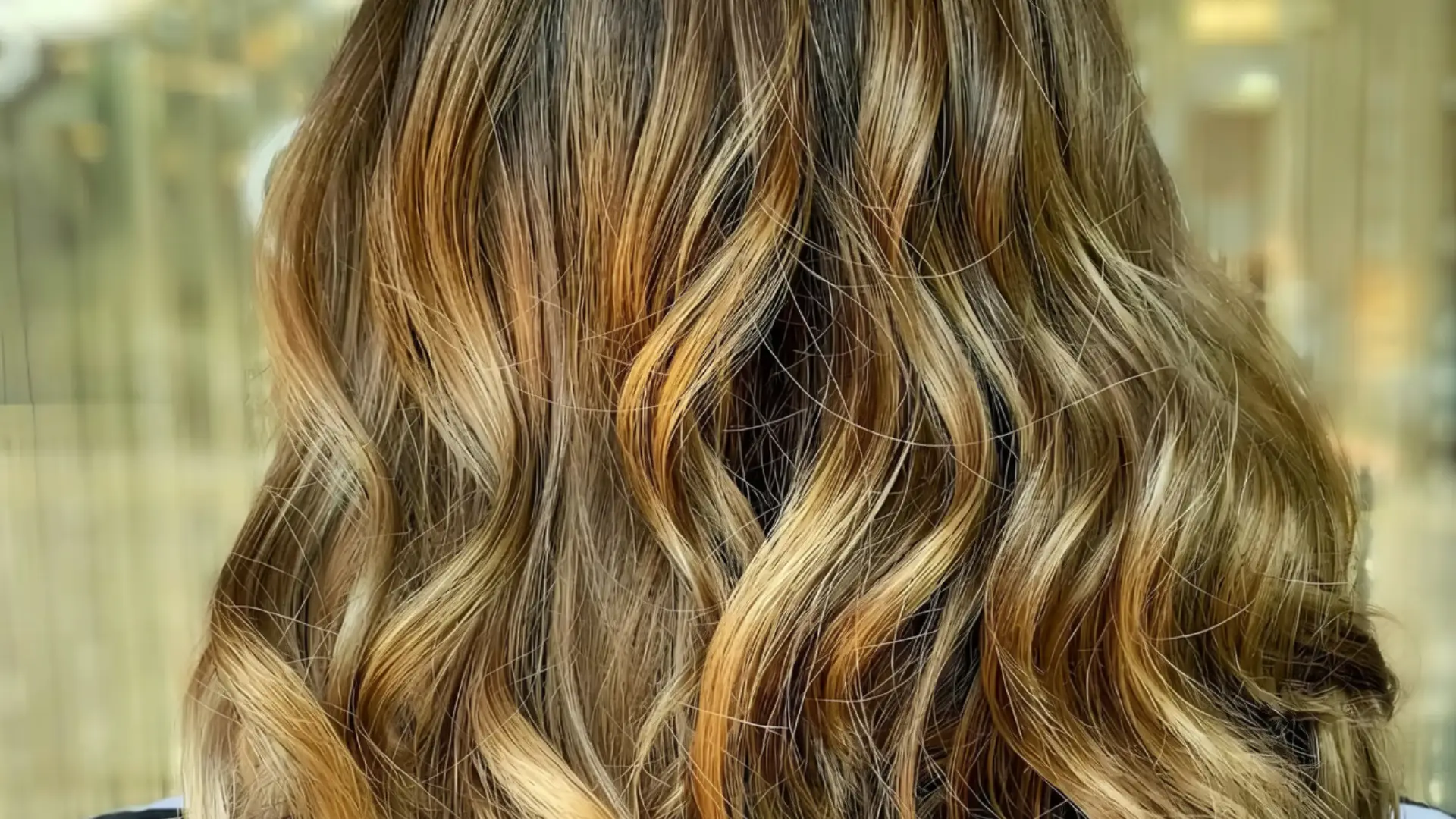 Close up of a woman's wavy, chunky highlighted brown hair with blonde and copper tones