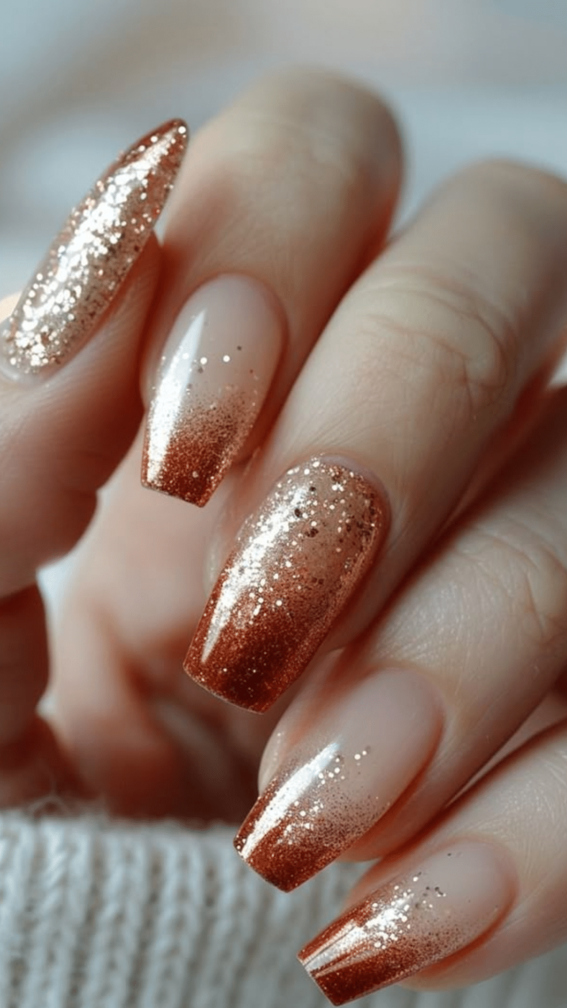 Almond-shaped nails with a nude base fading into copper glitter, creating a sparkling classy brown nail designs look.