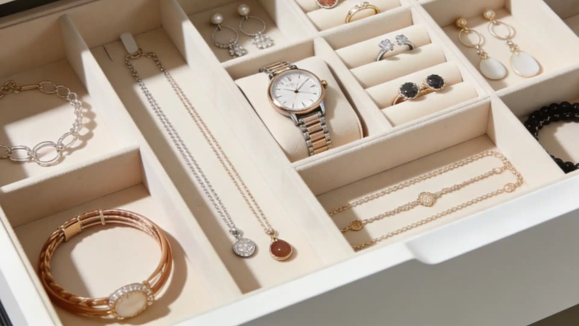 Open white jewelry drawer organizer filled with various gold and silver necklaces, bracelets, rings, earrings, a wristwatch, and sunglasses resting on a beige fabric lining.