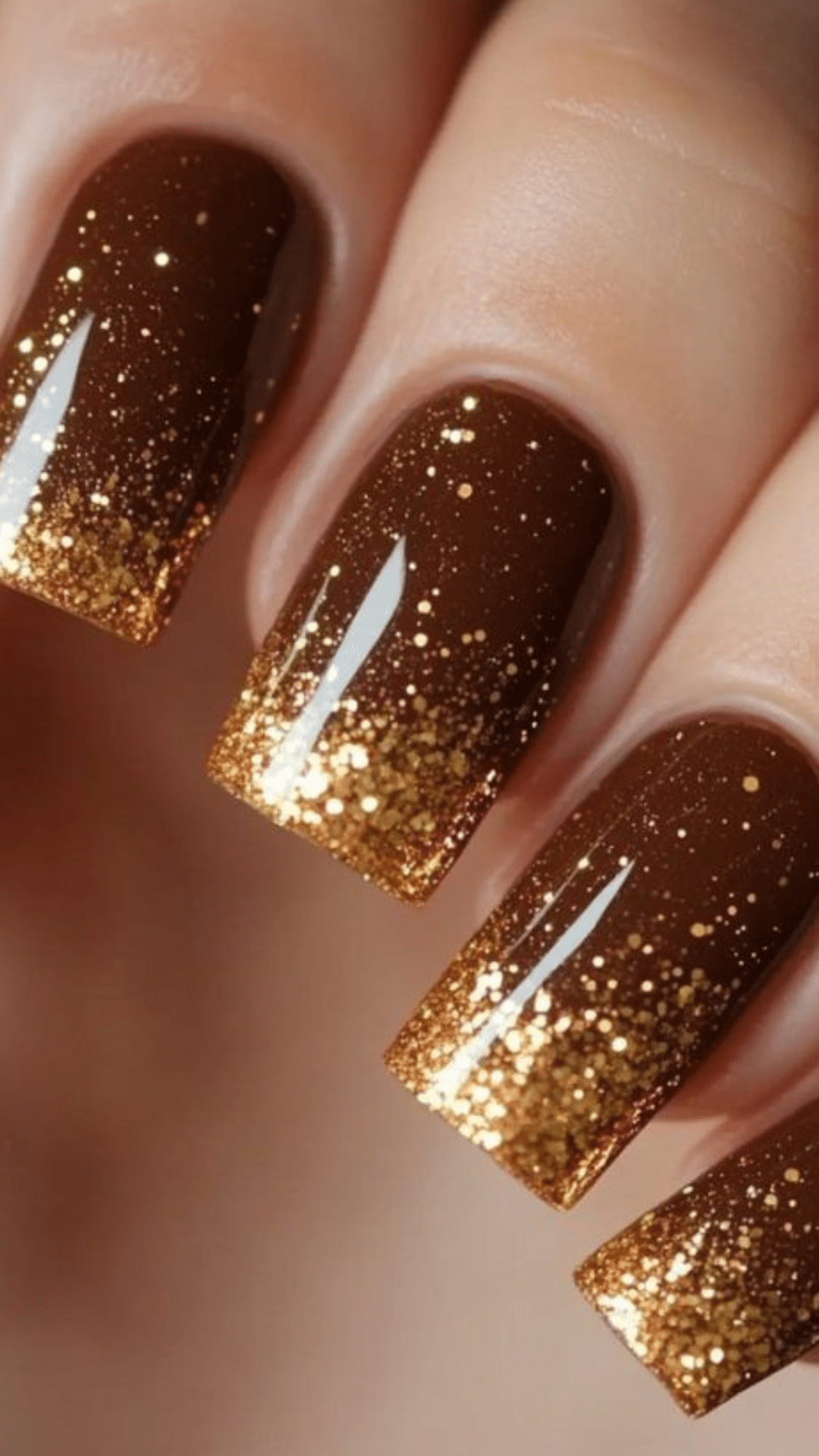 Square-shaped nails with a rich brown base fading into sparkling gold tips, creating a glamorous classy brown nail designs look.