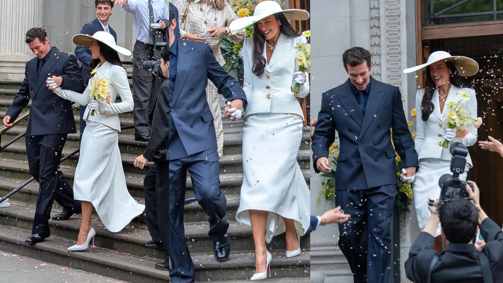 collage of Dua Lipa and Callum Turner including a wedding scene with a white suit and hat