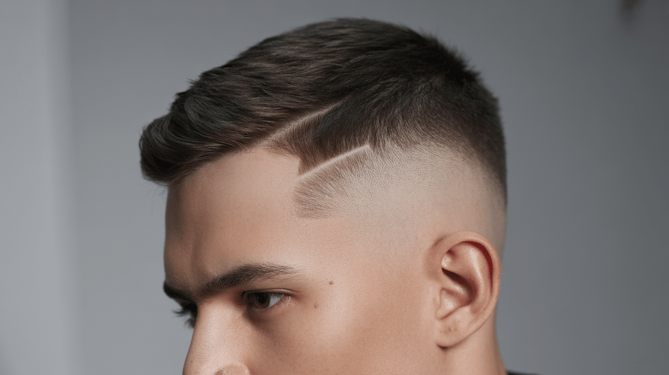 A young man with a short side-part haircut featuring a high skin fade and a sharp shaved slash