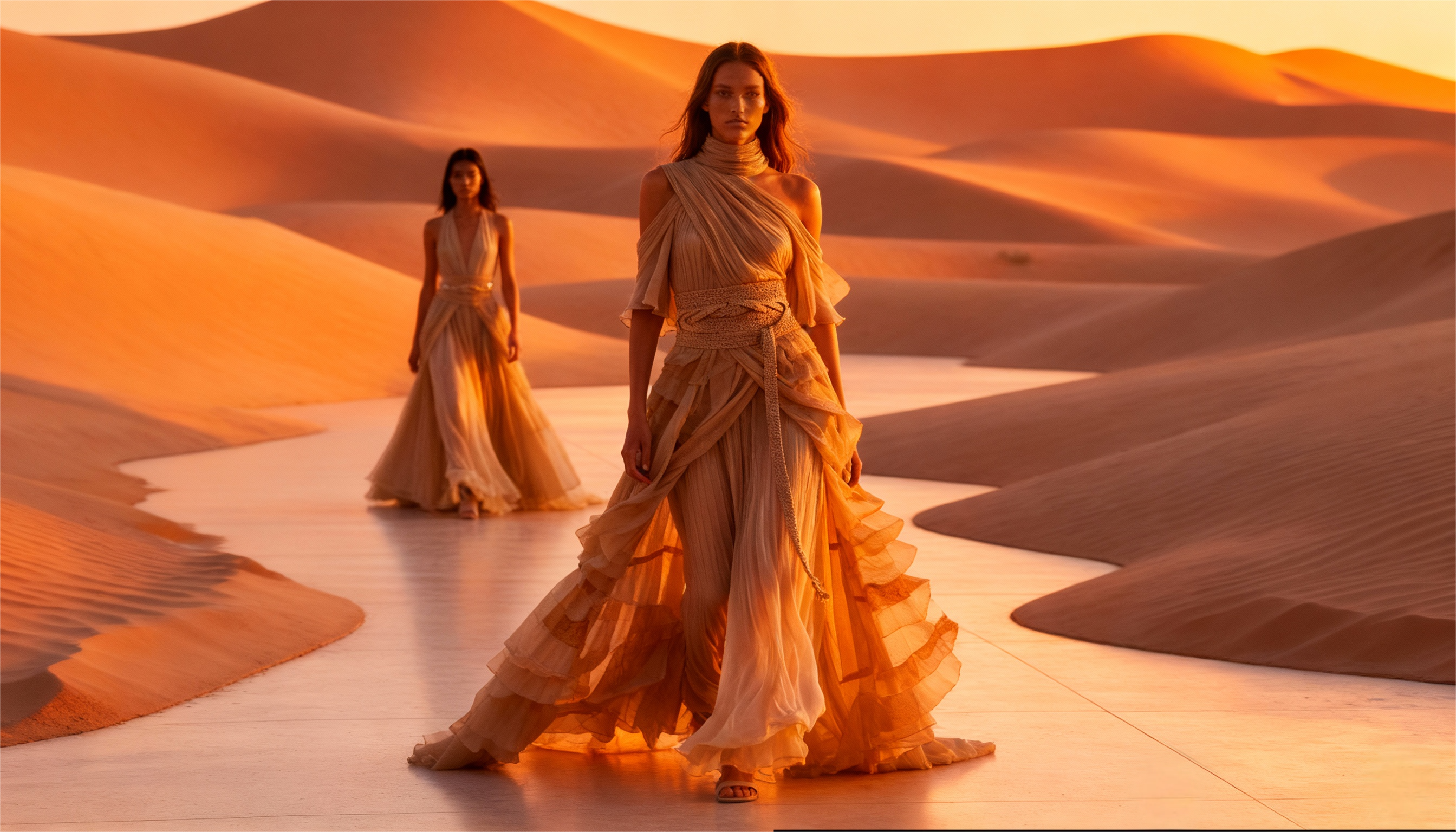 Desert Nomad fashion runway featuring flowing earth-toned gowns among golden sand dunes at sunset