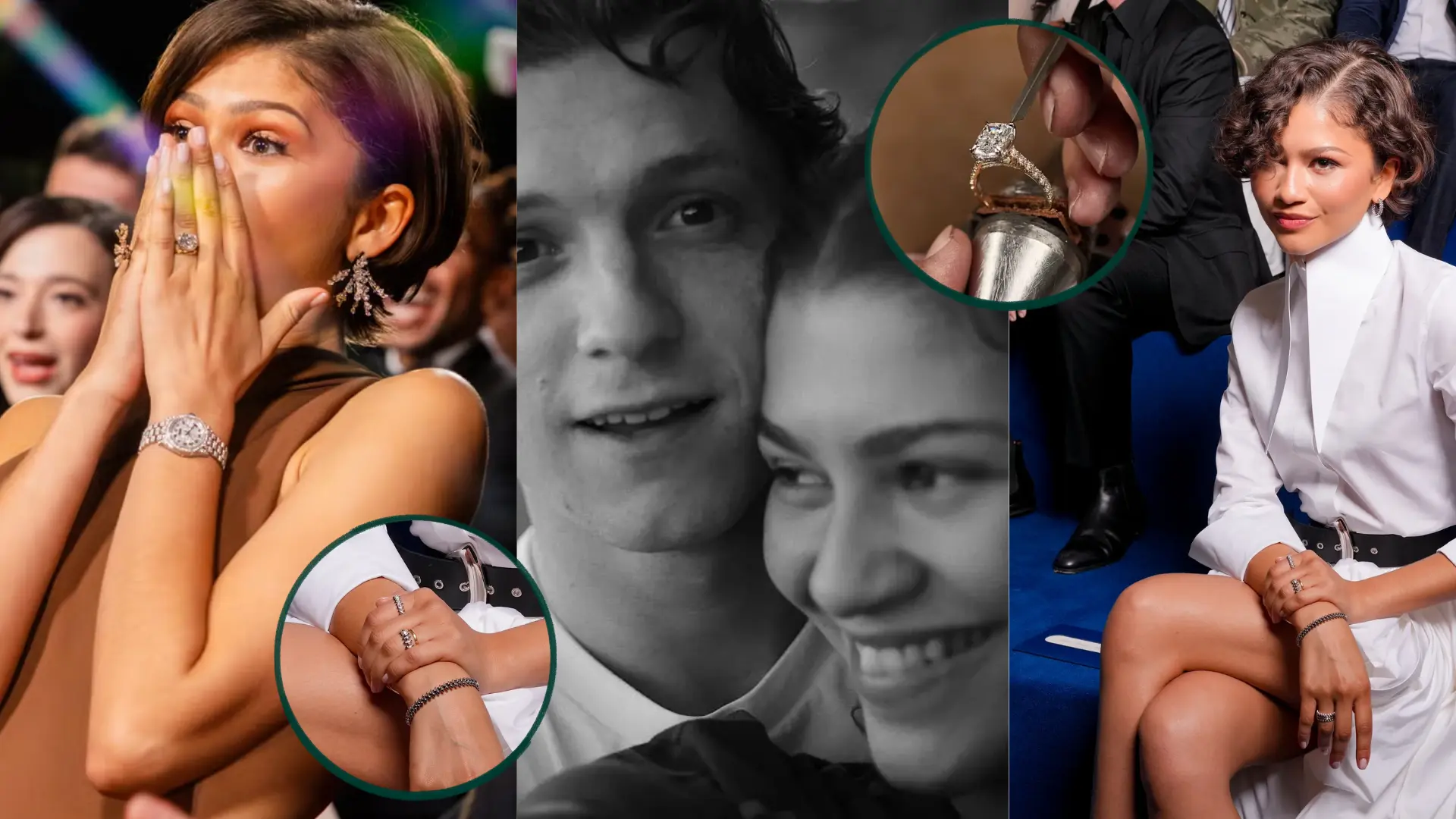 Zendaya smiling at an event showing her engagement ring Tom Holland close up hand holding ring with inset detail of ring design