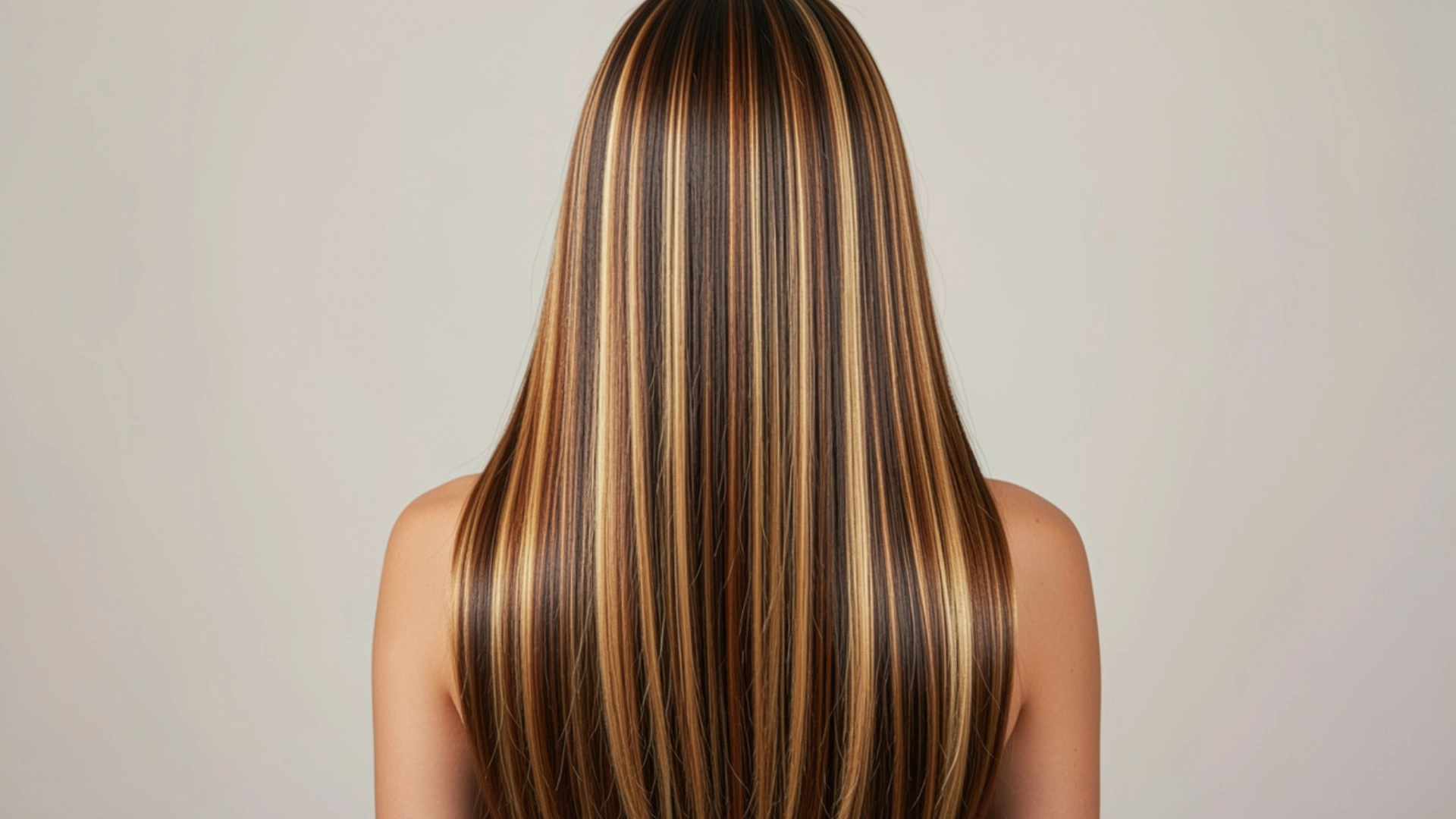 Back of a person's head showing long, straight, brown hair with bold blonde dimensional full highlights