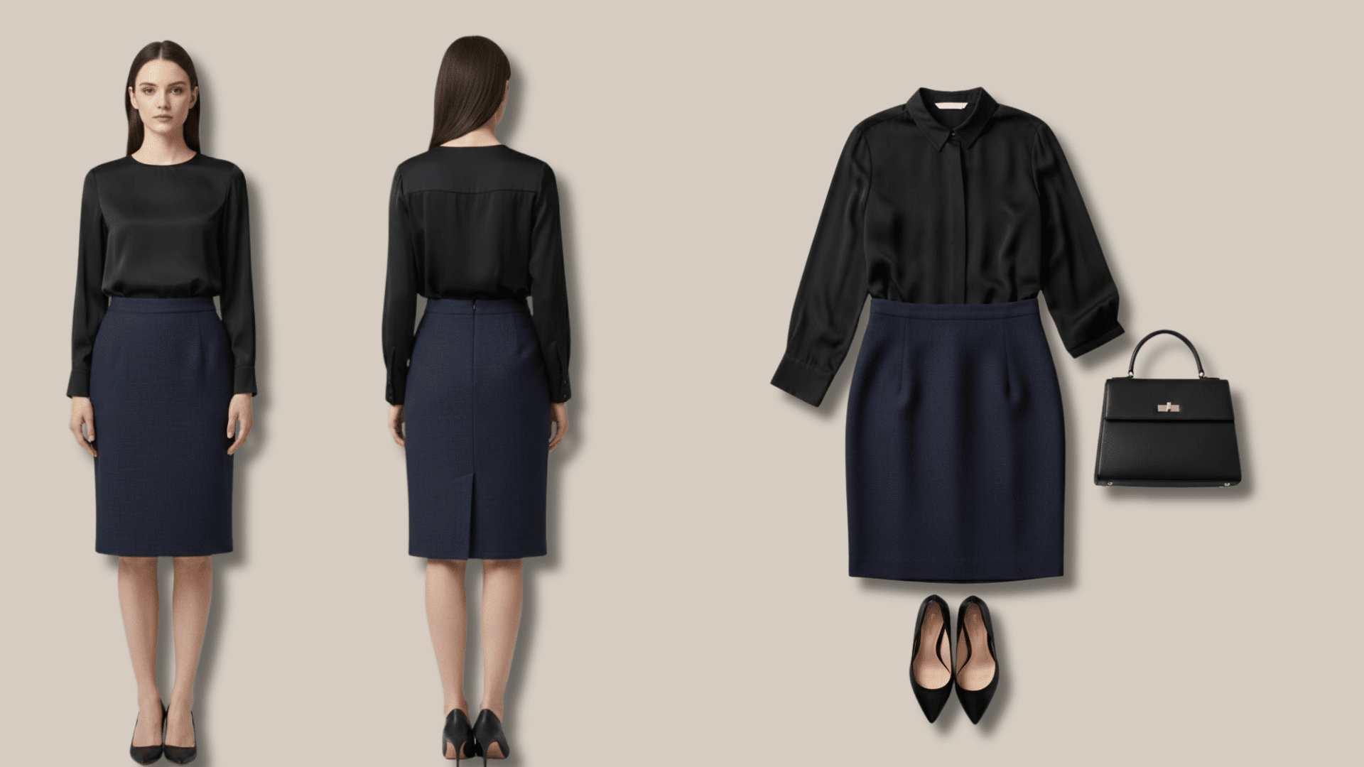 Model in black blouse and navy pencil skirt, with flat lay of matching shoes and handbag