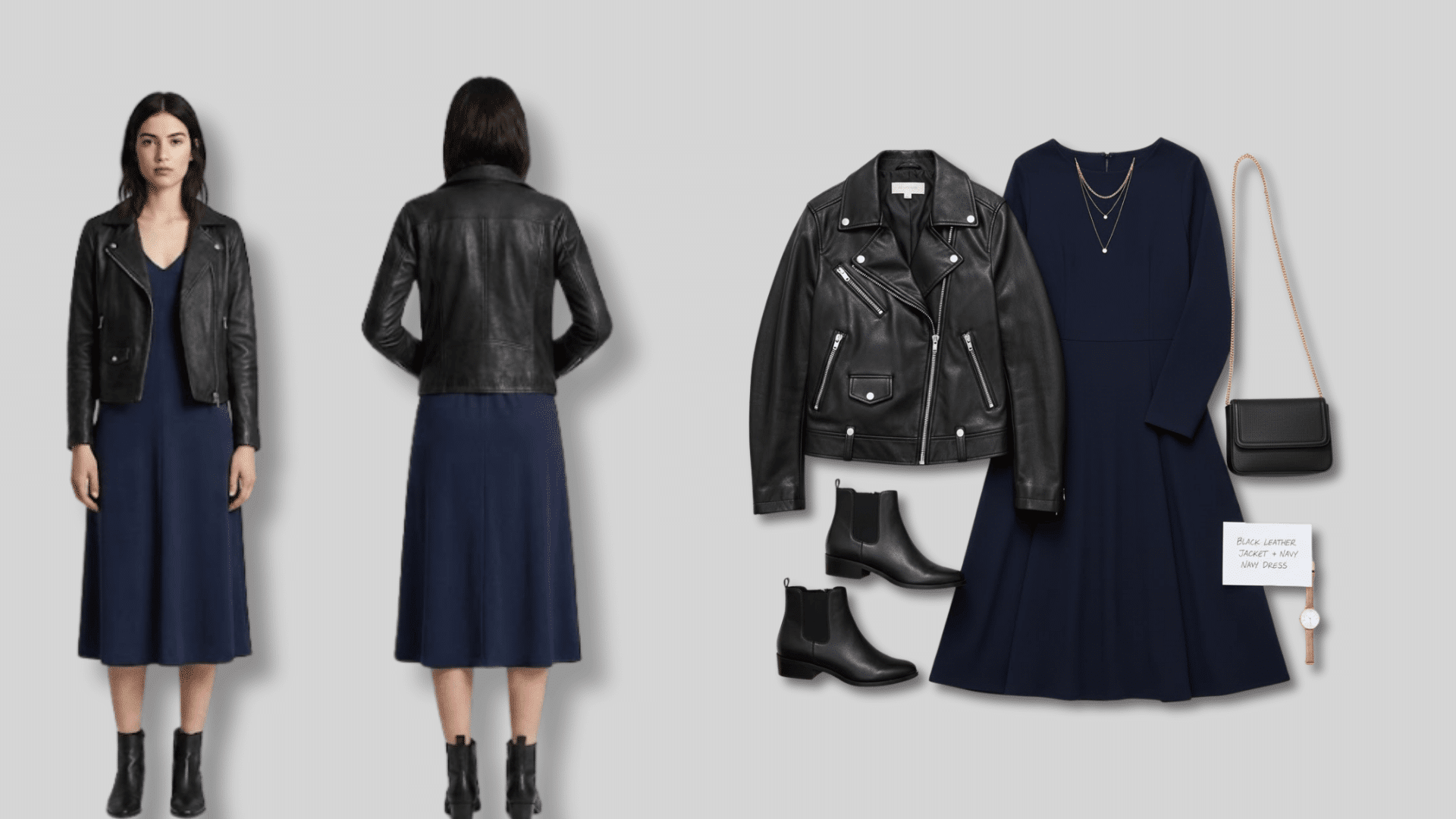 Model wearing navy dress with black leather jacket and boots, flat lay of matching outfit