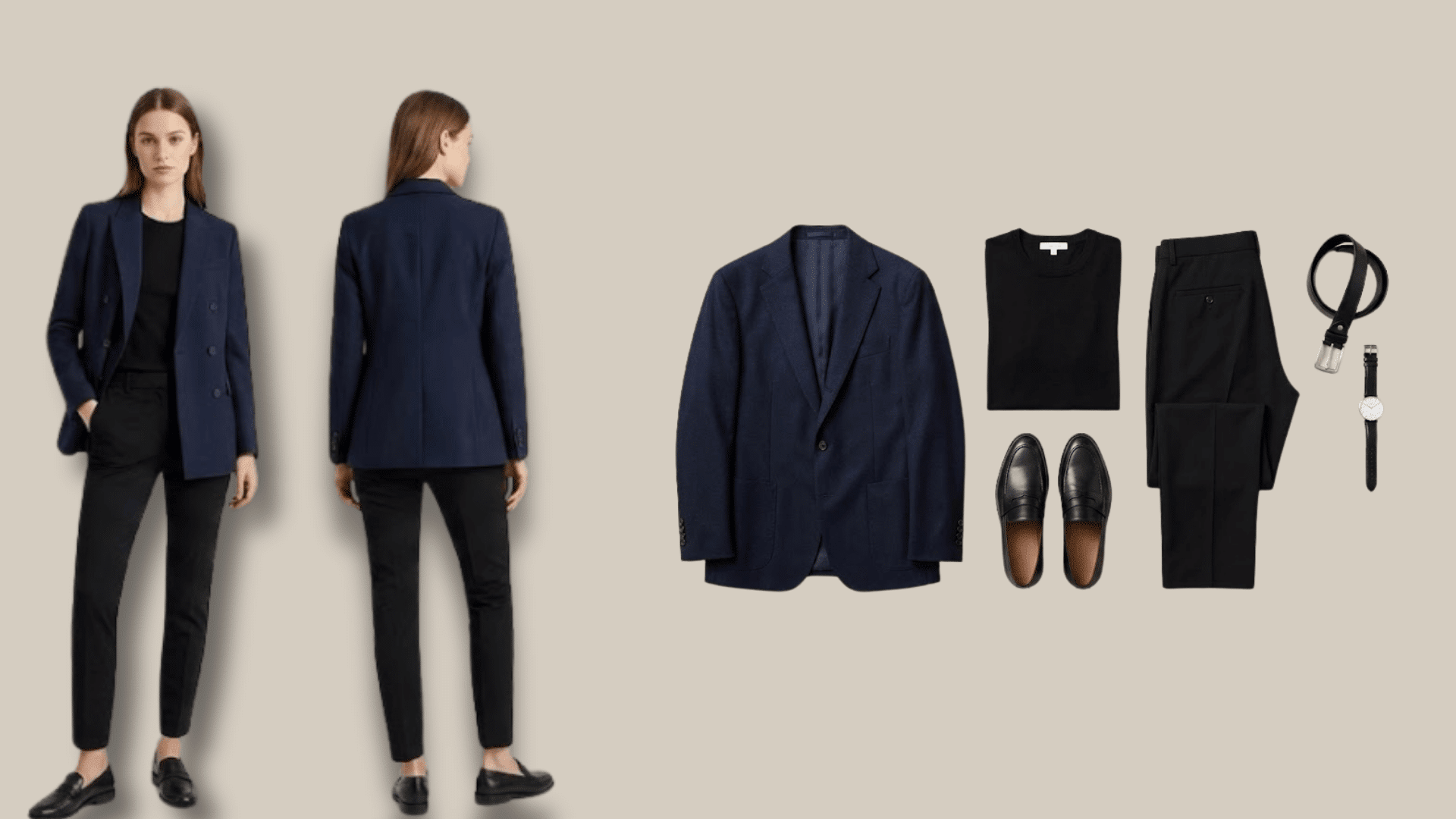 Navy blazer outfit with black pants, shoes, belt, and watch, shown on model and flat lay