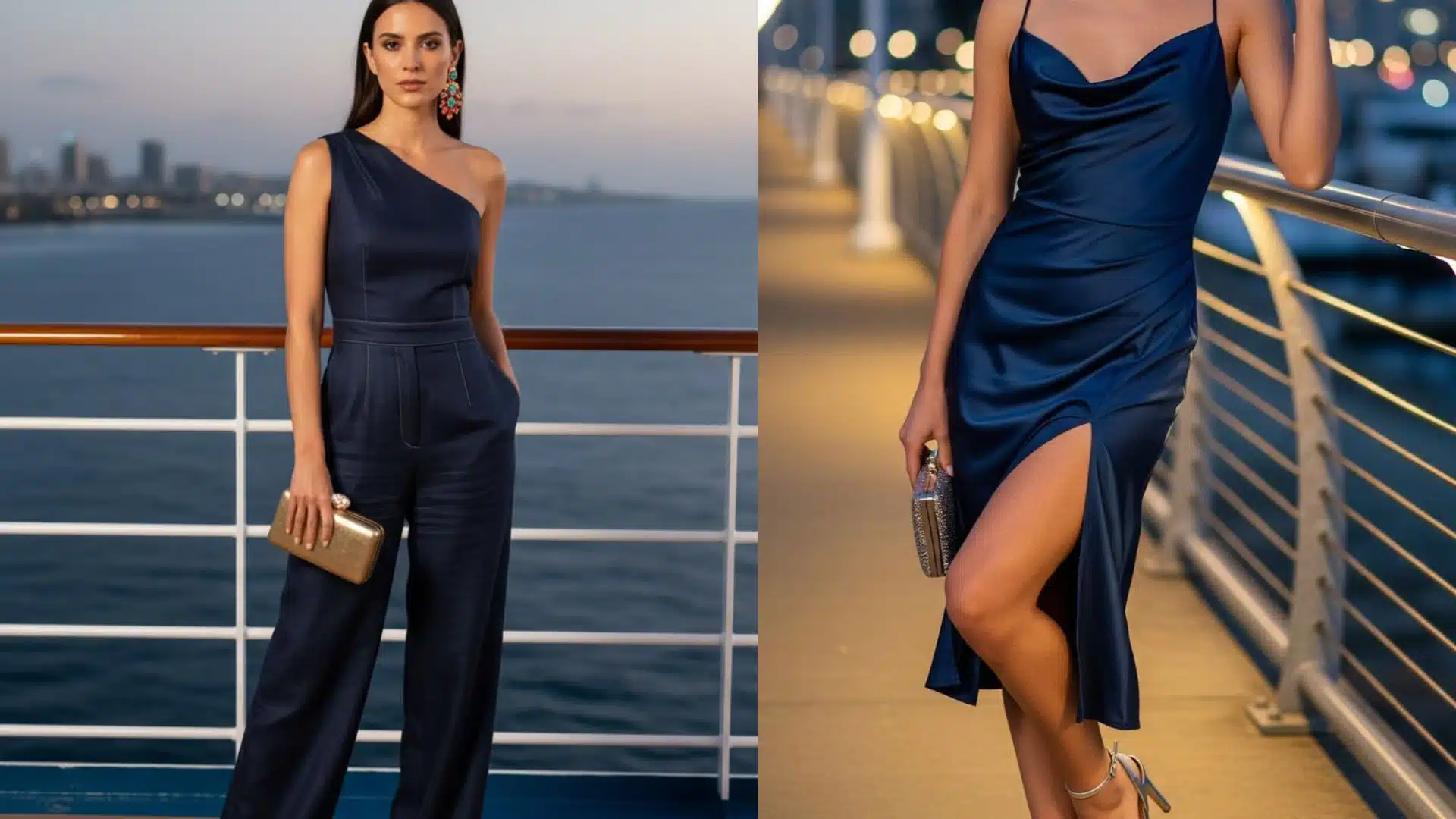 Two women in blue dresses stand together on a boat enjoying an evening on the wate