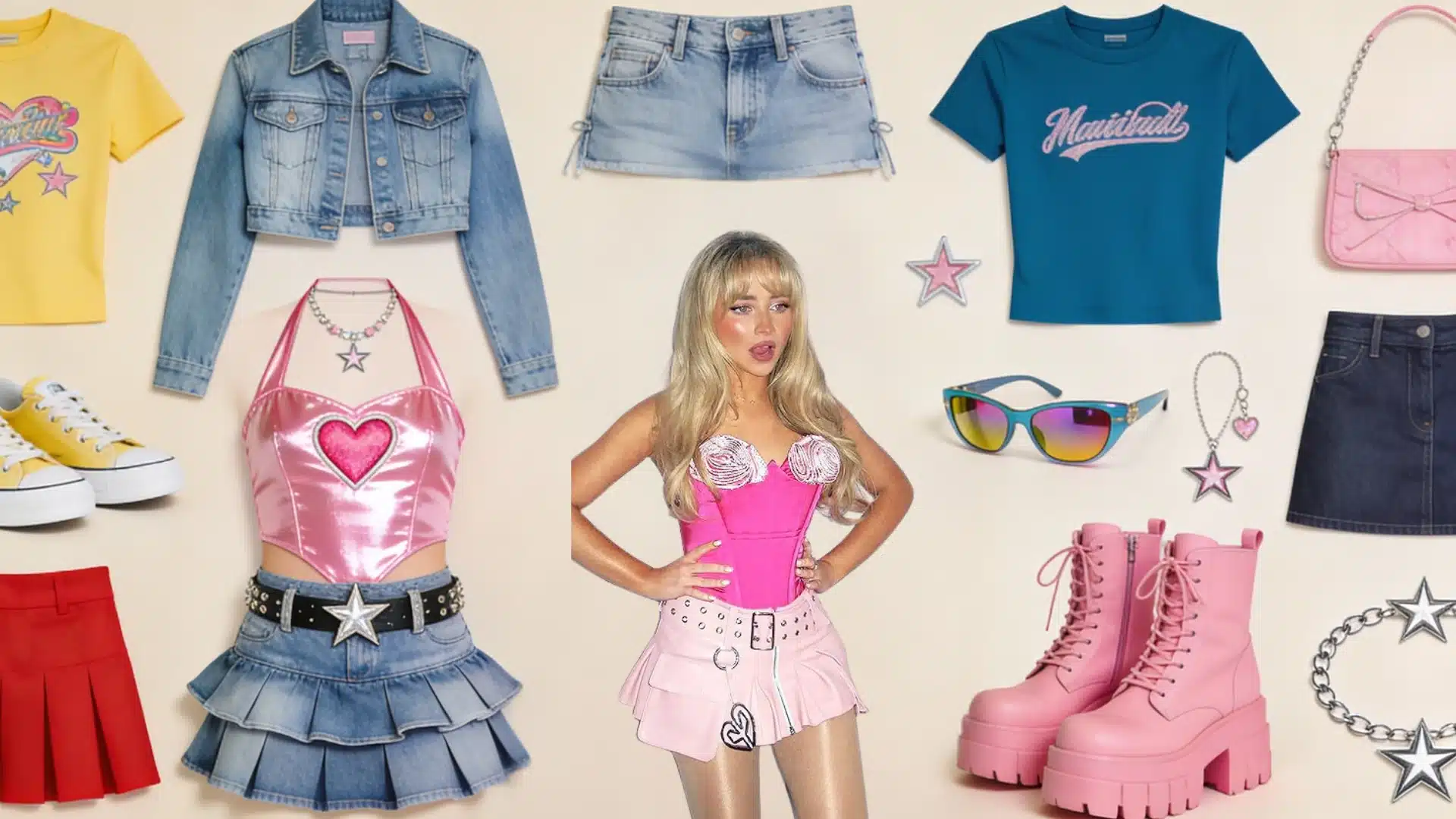 Flat lay fashion collage featuring a pink halter top denim ruffled mini skirt chunky pink boots star jewelry sunglasses and accessories arranged on a clean white background