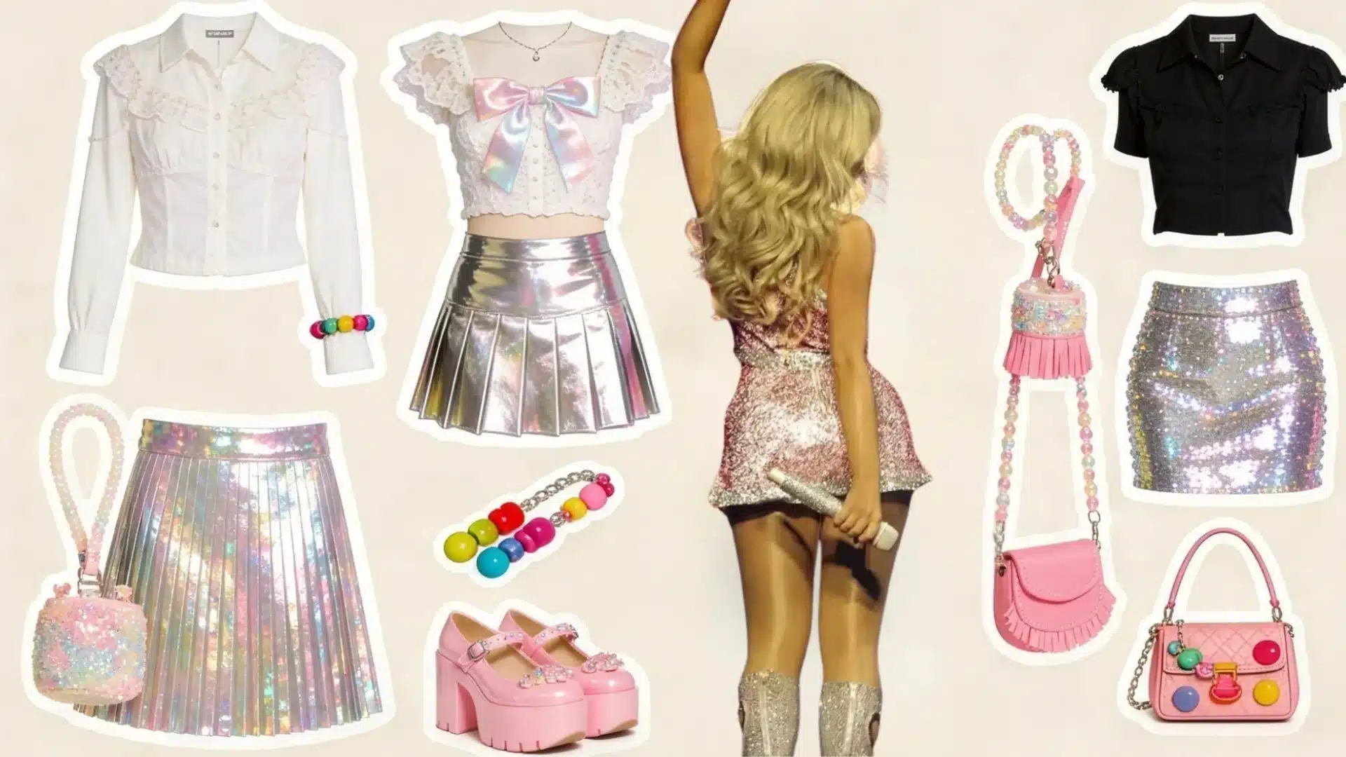 Fashion collage of Sabrina Carpenter–inspired outfits featuring coquette bows lace dresses Y2K metallic skirts sequined sets platform shoes and mini bags in a vibrant balanced aesthetic mood board