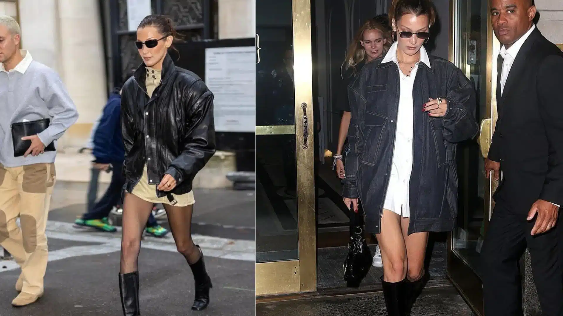 fashionably dressed women in oversized jackets short dresses and black boots walking outdoors and exiting a building.