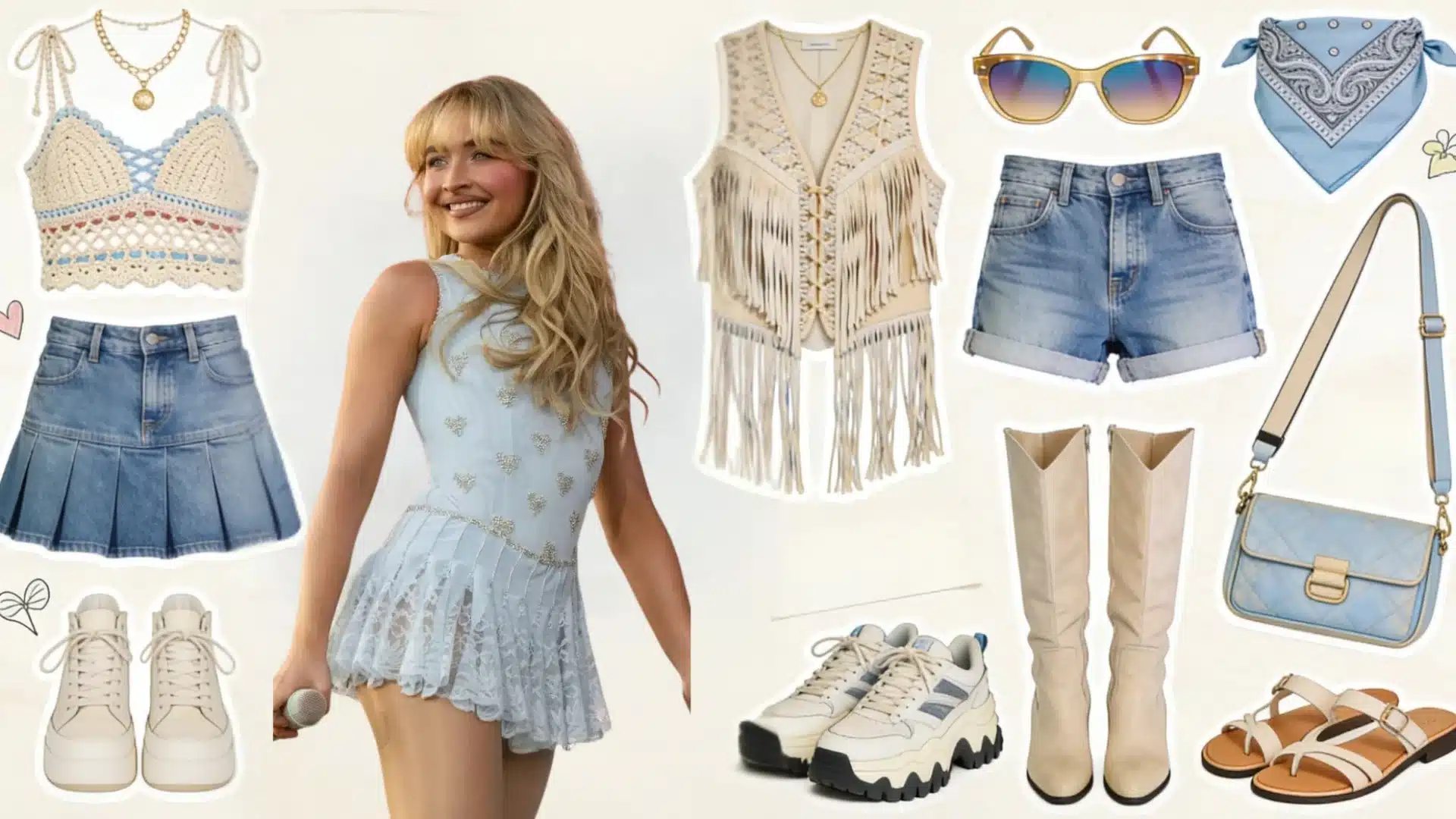 Festival-style fashion collage featuring a light blue embellished mini dress with denim crochet and fringe outfit pieces styled with boots sneakers sunglasses and layered jewelry in a pastel mood board layout