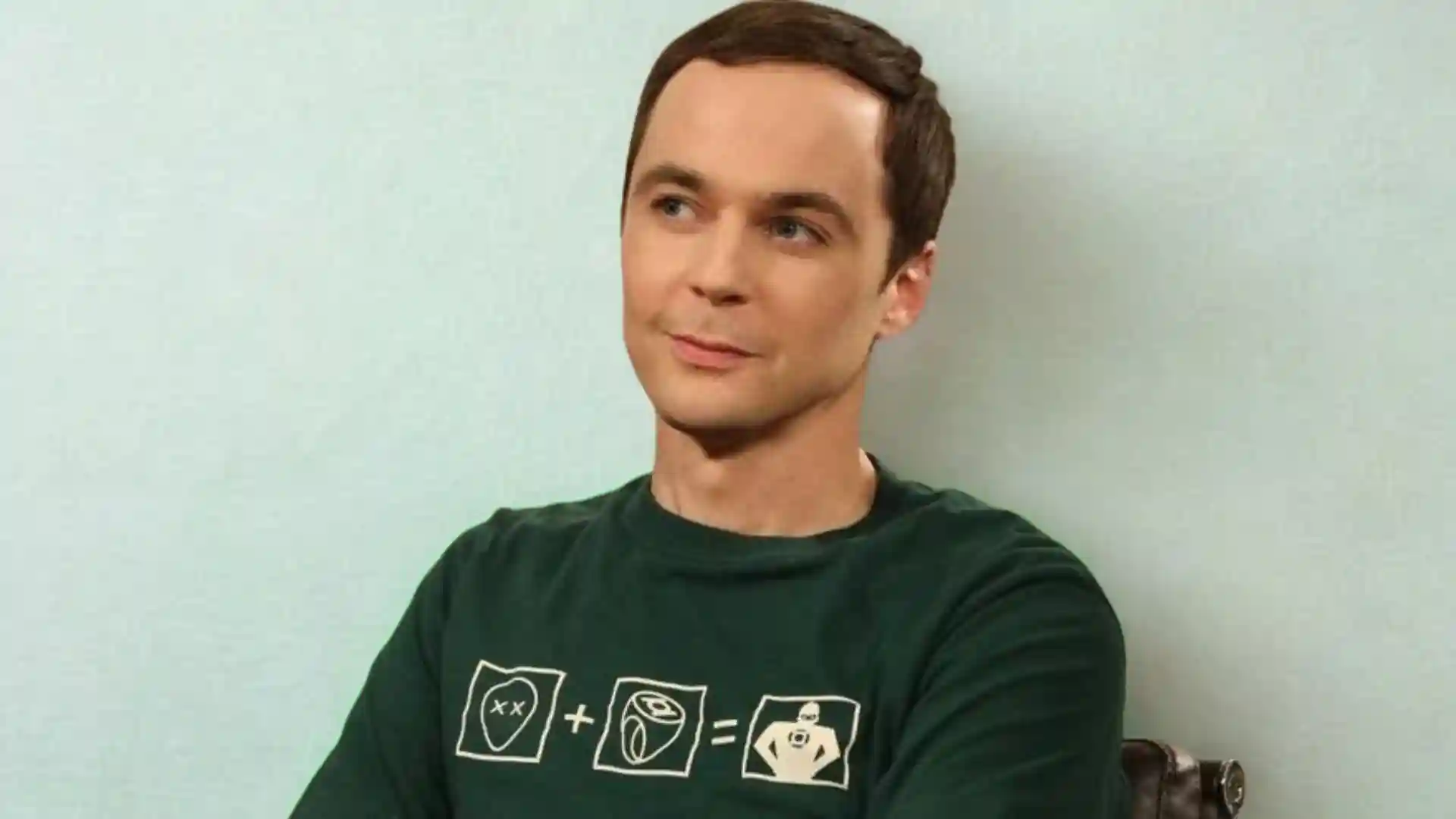 Portrait of Sheldon Cooper (Jim Parsons) from The Big Bang Theory, in green shirt with math pun graphic.