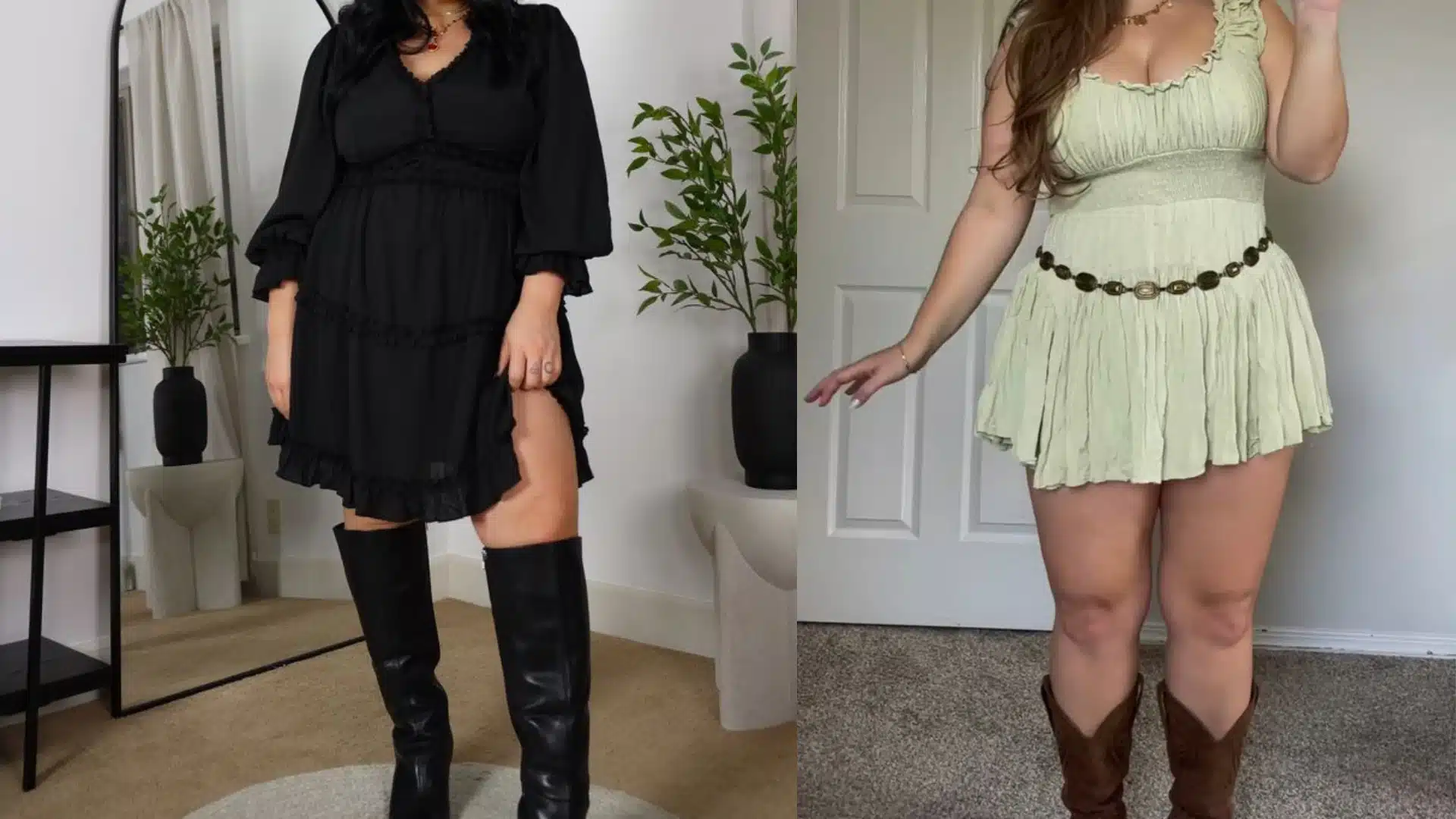 Plus size flowy concert dresses styled with knee-high boots and western boots for a soft feminine concert look