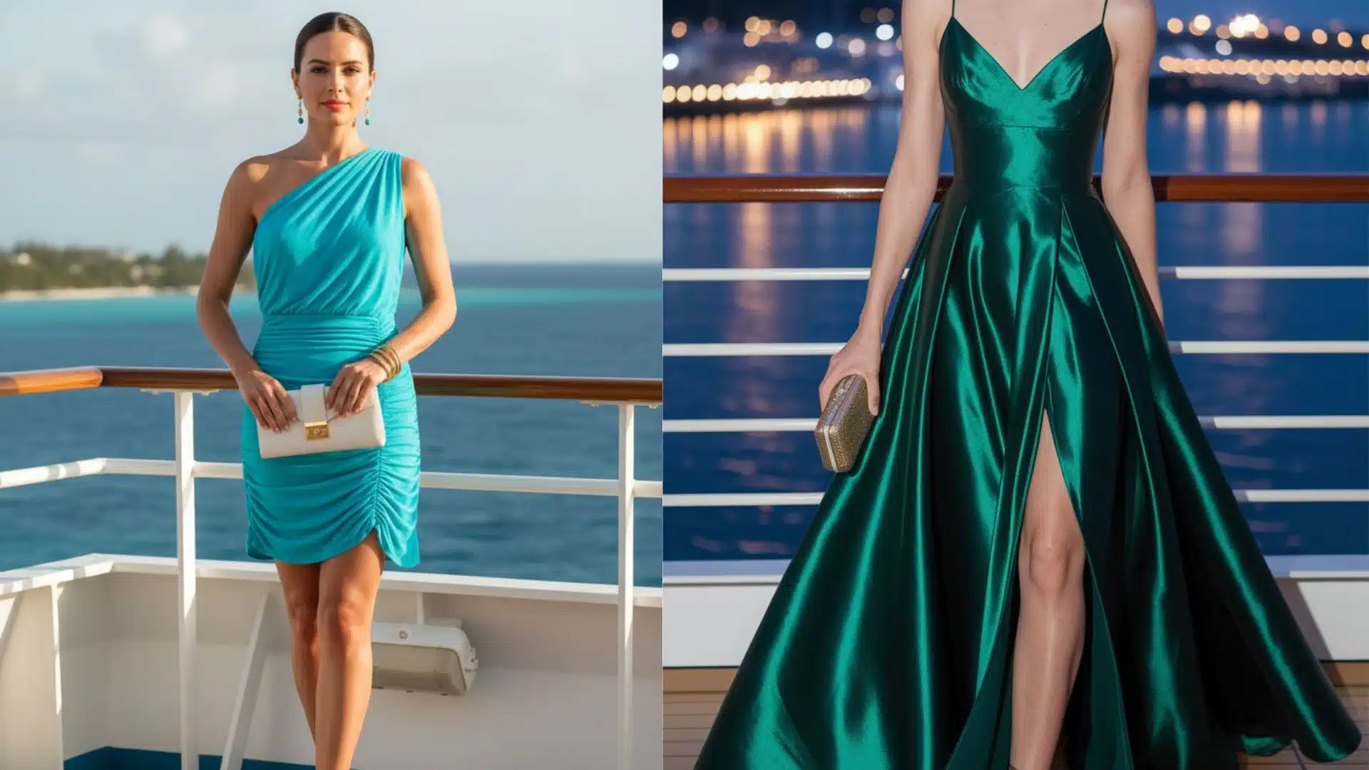 Two women in green dresses pose together on the deck of a cruise ship with the ocean visible in the background