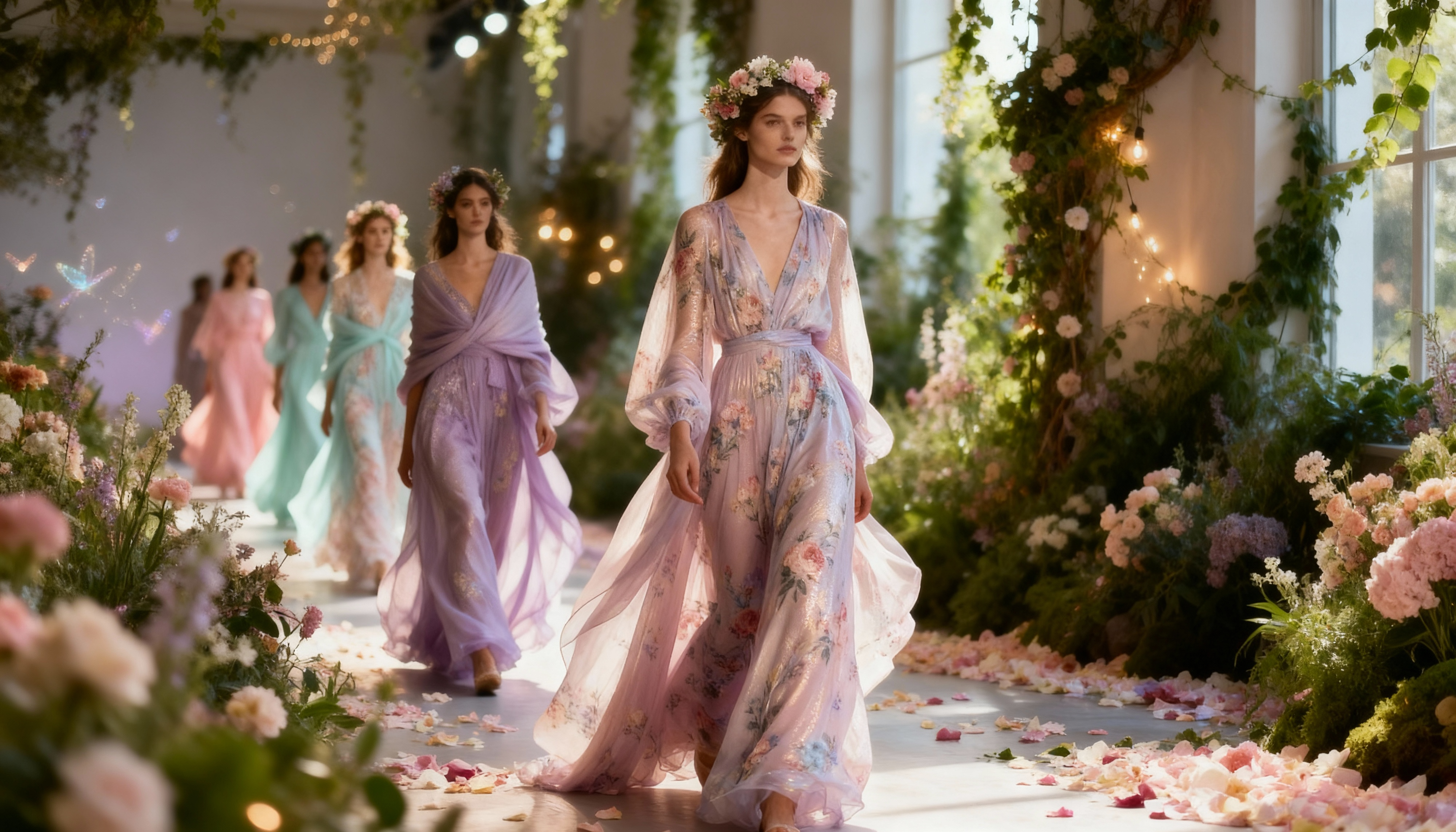 Fashion models in flowing floral gowns walk a romantic garden-inspired runway surrounded by blooms
