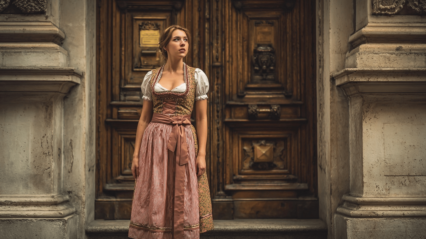 Woman in traditional European dress with floral bodice and striped apron standing by wooden door