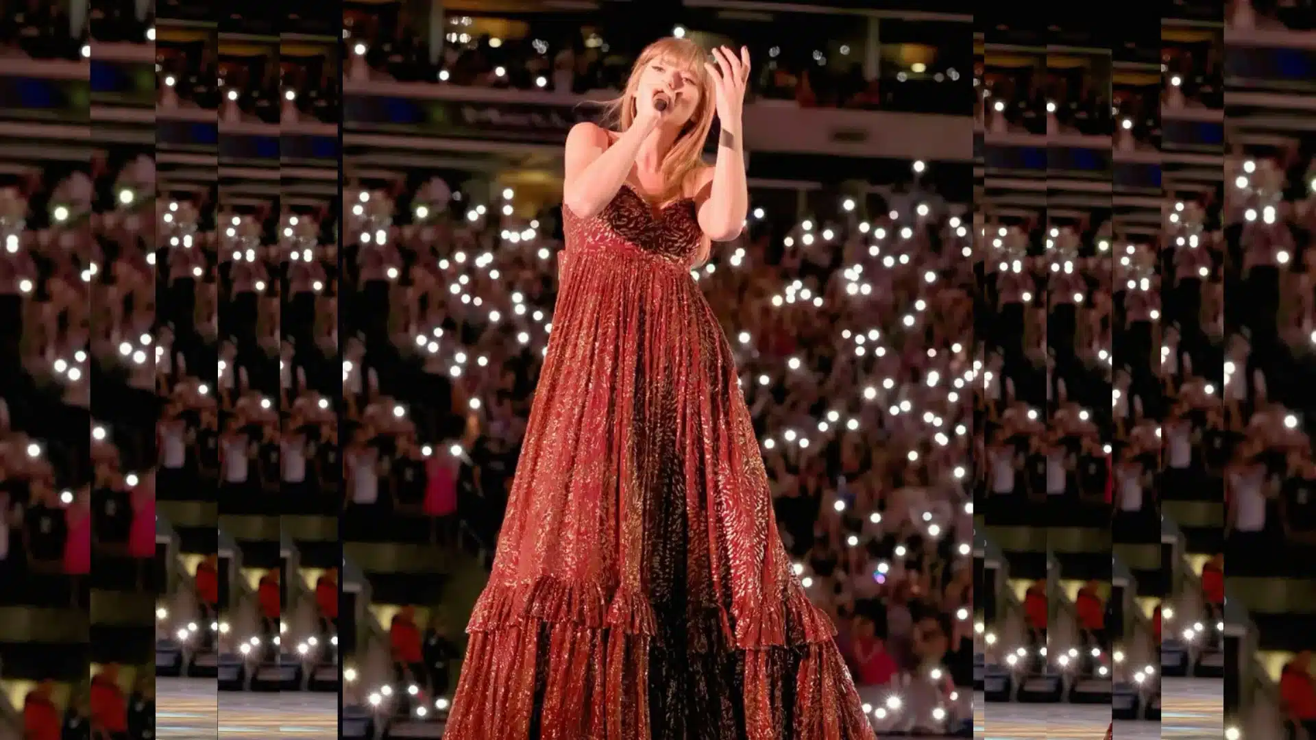 Sweetheart neckline gown built for stadium lighting dramatic movement