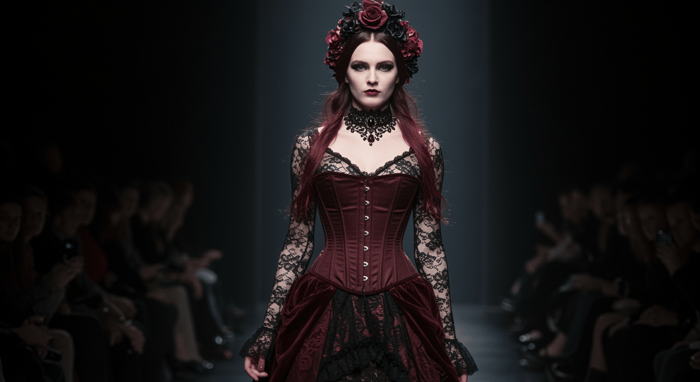 Gothic fashion model in lace corset gown and floral crown walking a dramatic dark runway