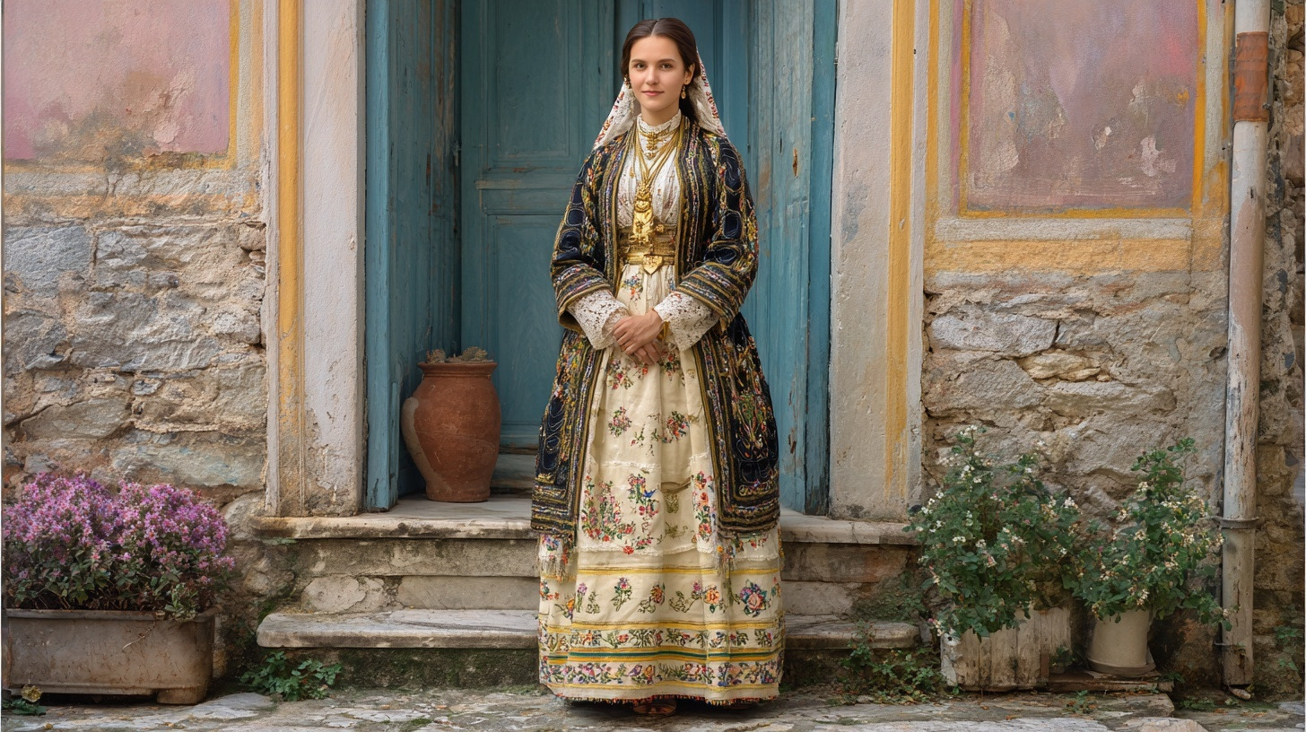Woman wearing cream embroidered dress with dark patterned overcoat standing on stone steps outdoors