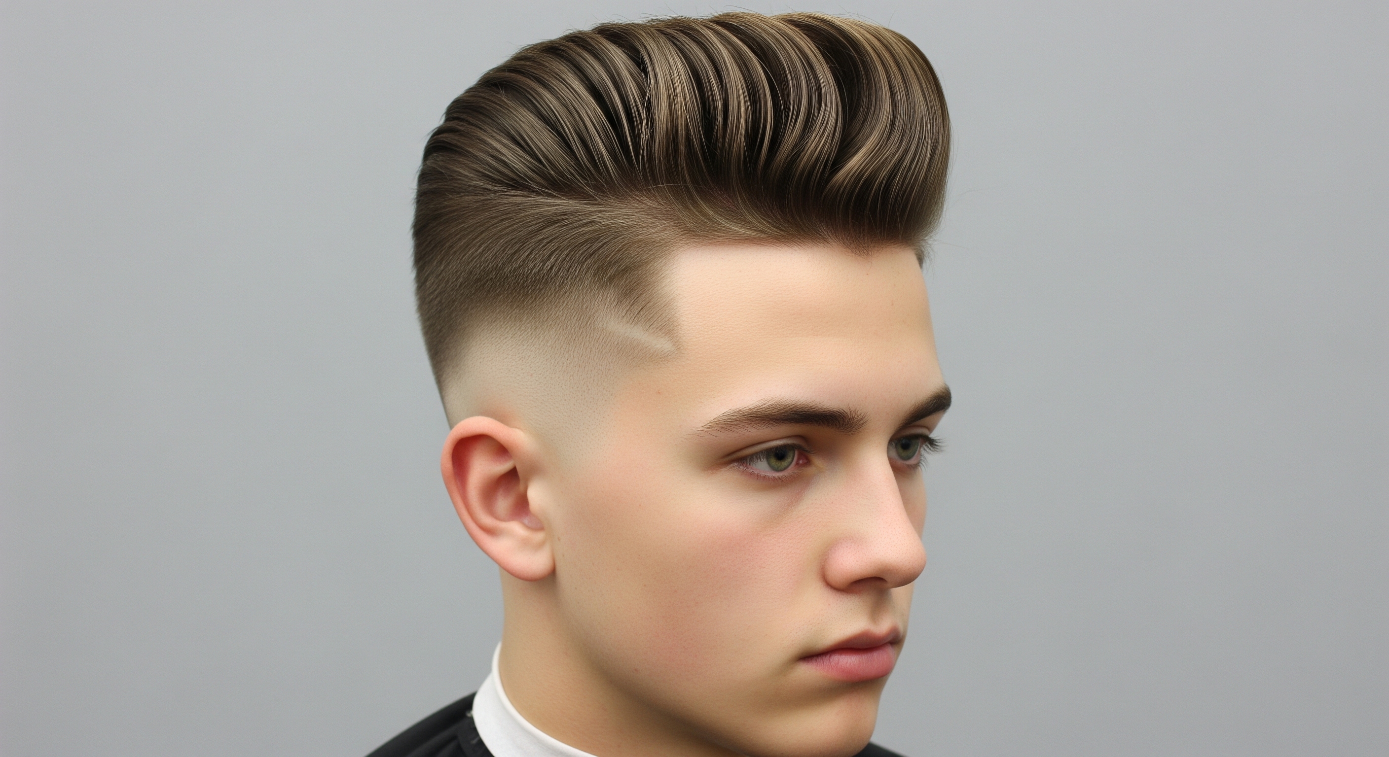 A young man sporting a high-volume, styled pompadour haircut paired with a sharp skin fade