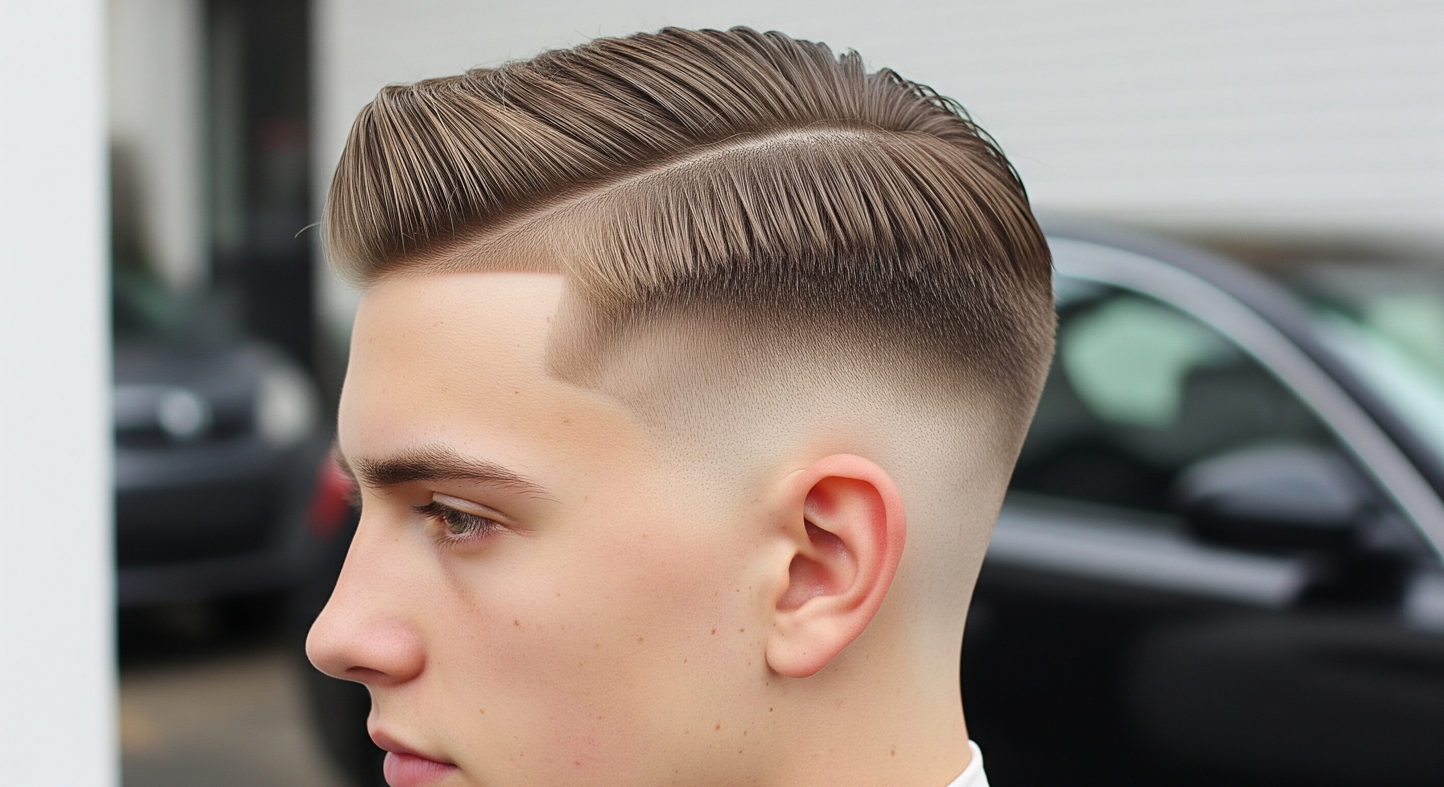 A man with a high fade side part haircut