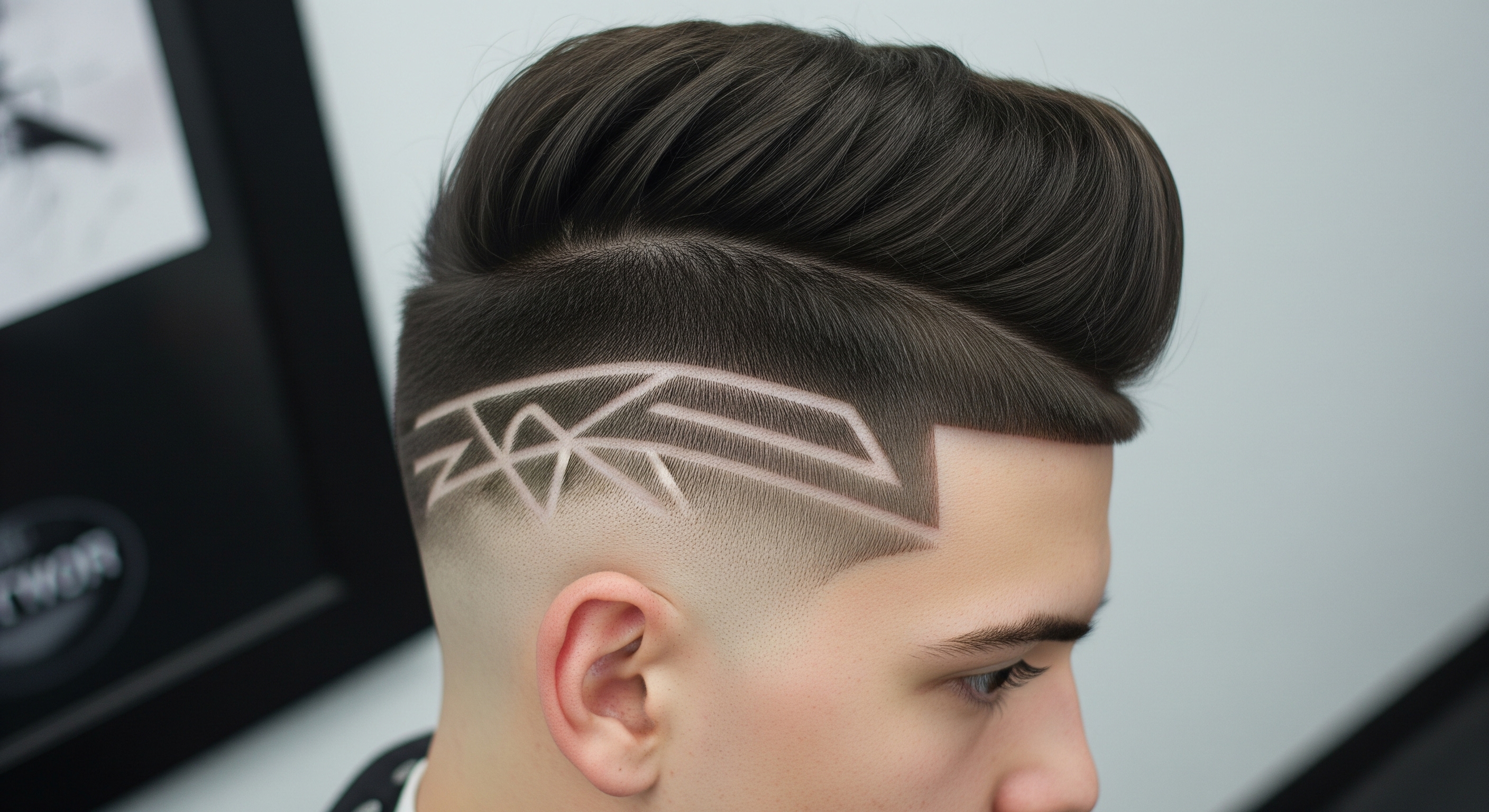 A styled, voluminous quiff paired with a high skin fade featuring intricate geometric hair art