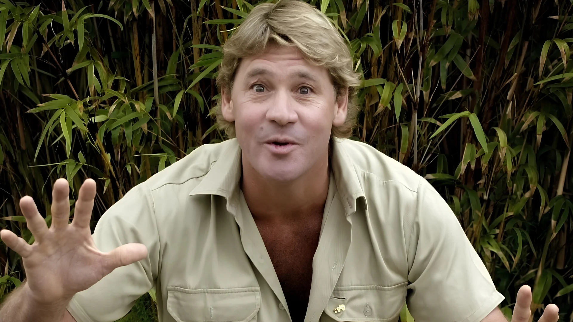 Steve Irwin in a khaki shirt with his hands raised and a bamboo forest behind him