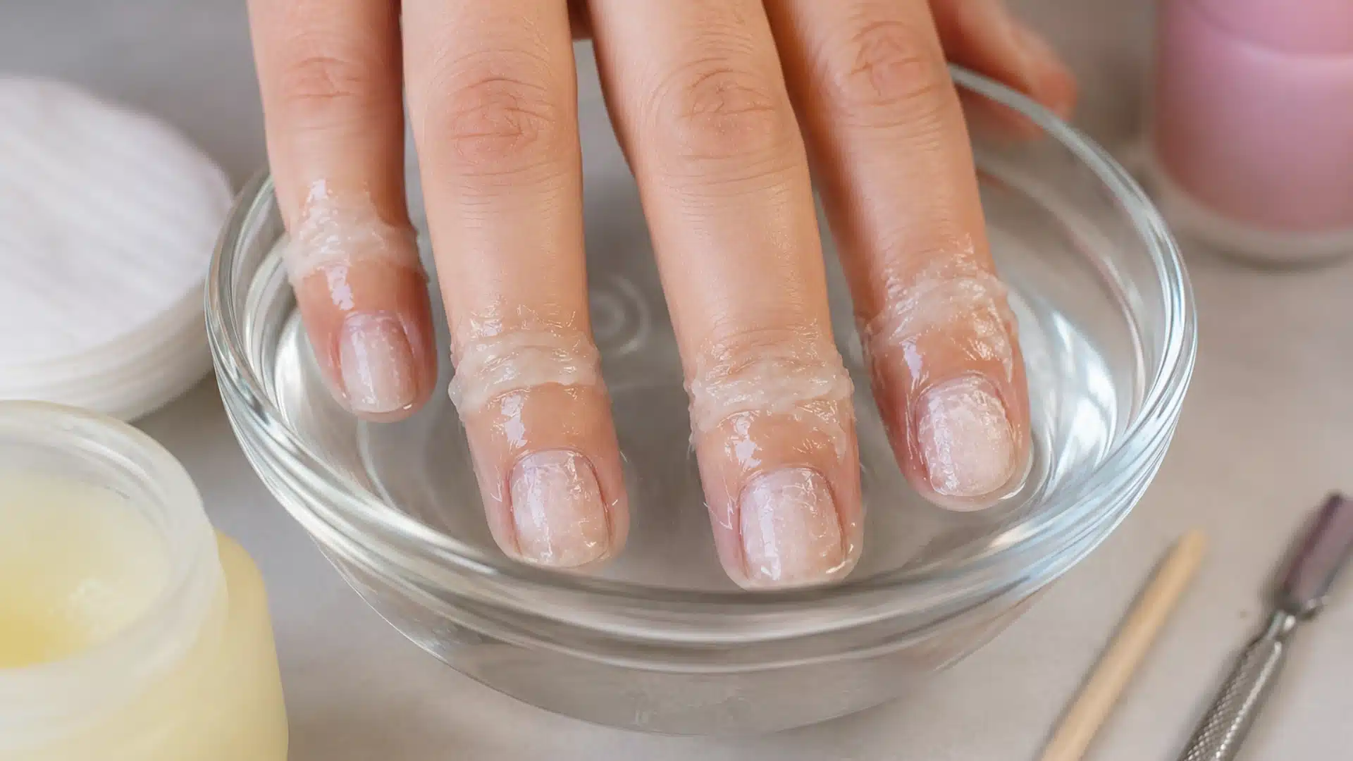 Fingertips coated with petroleum jelly soaking in a clear bowl of aceton