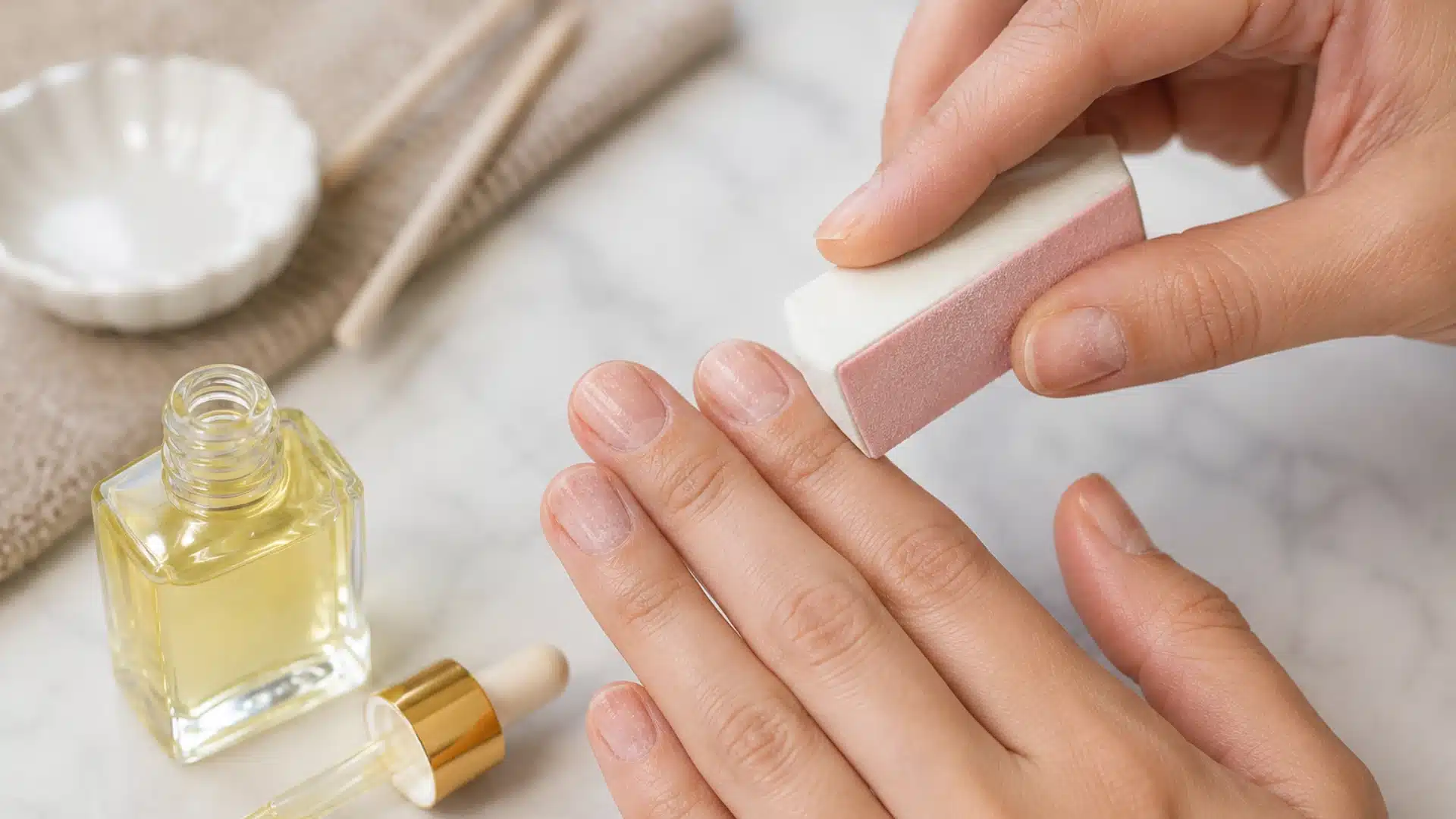 Buffing natural nails with a pink buffer block next to a bottle of yellow cuticle oil
