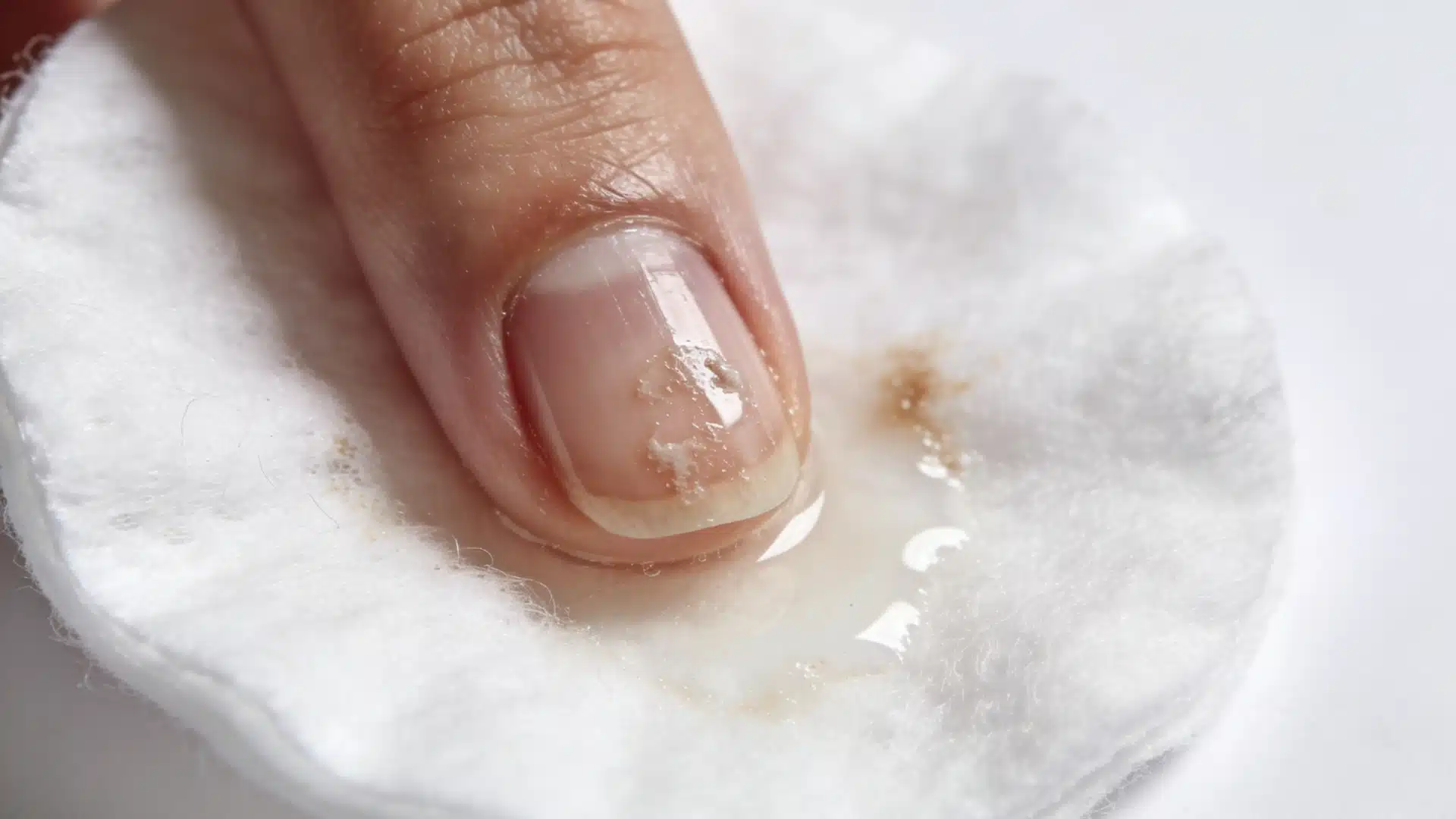 A single fingernail with glue residue resting on a wet, soaked white cotton pad