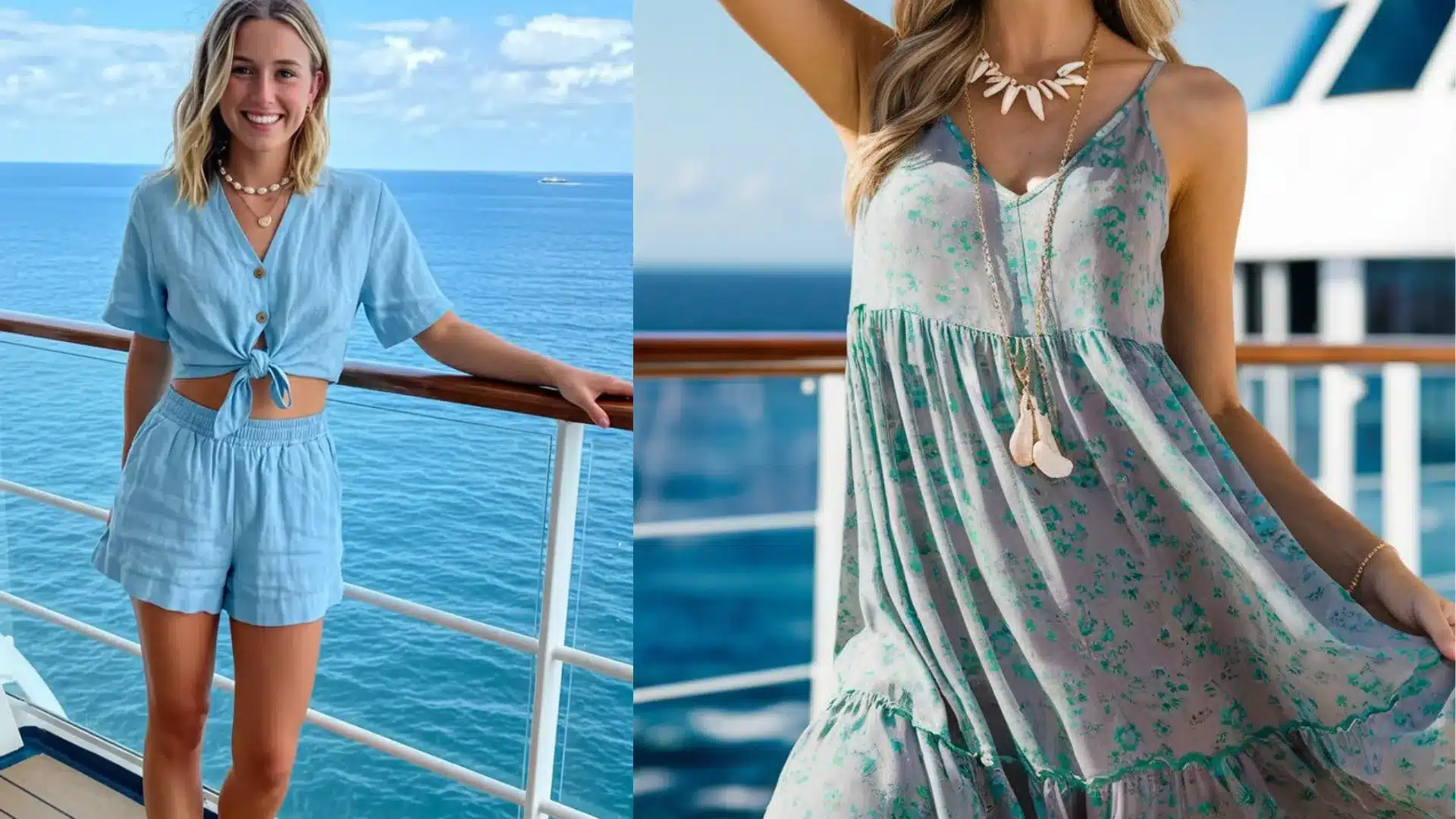 Two women in blue dresses pose together on the deck of a cruise ship with the ocean visible in the background