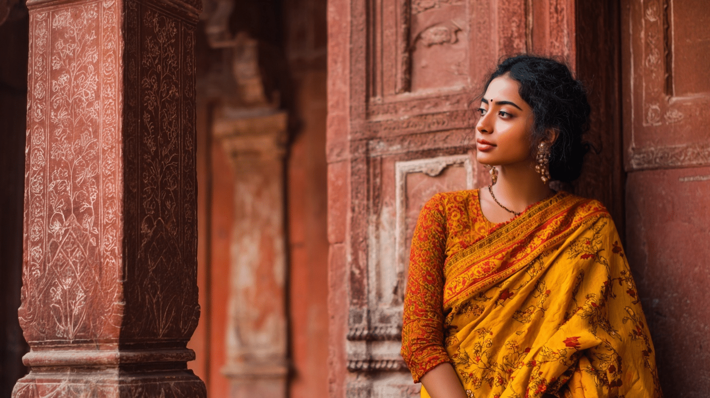 Woman in yellow red patterned sari with matching blouse and gold jewelry leaning against textured wall