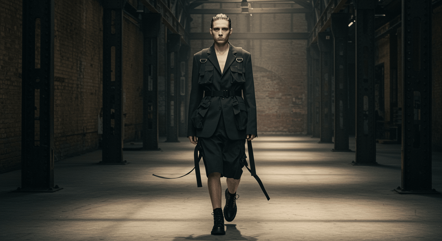 Industrial fashion runway featuring a model in utilitarian attire walking through a warehouse-inspired space