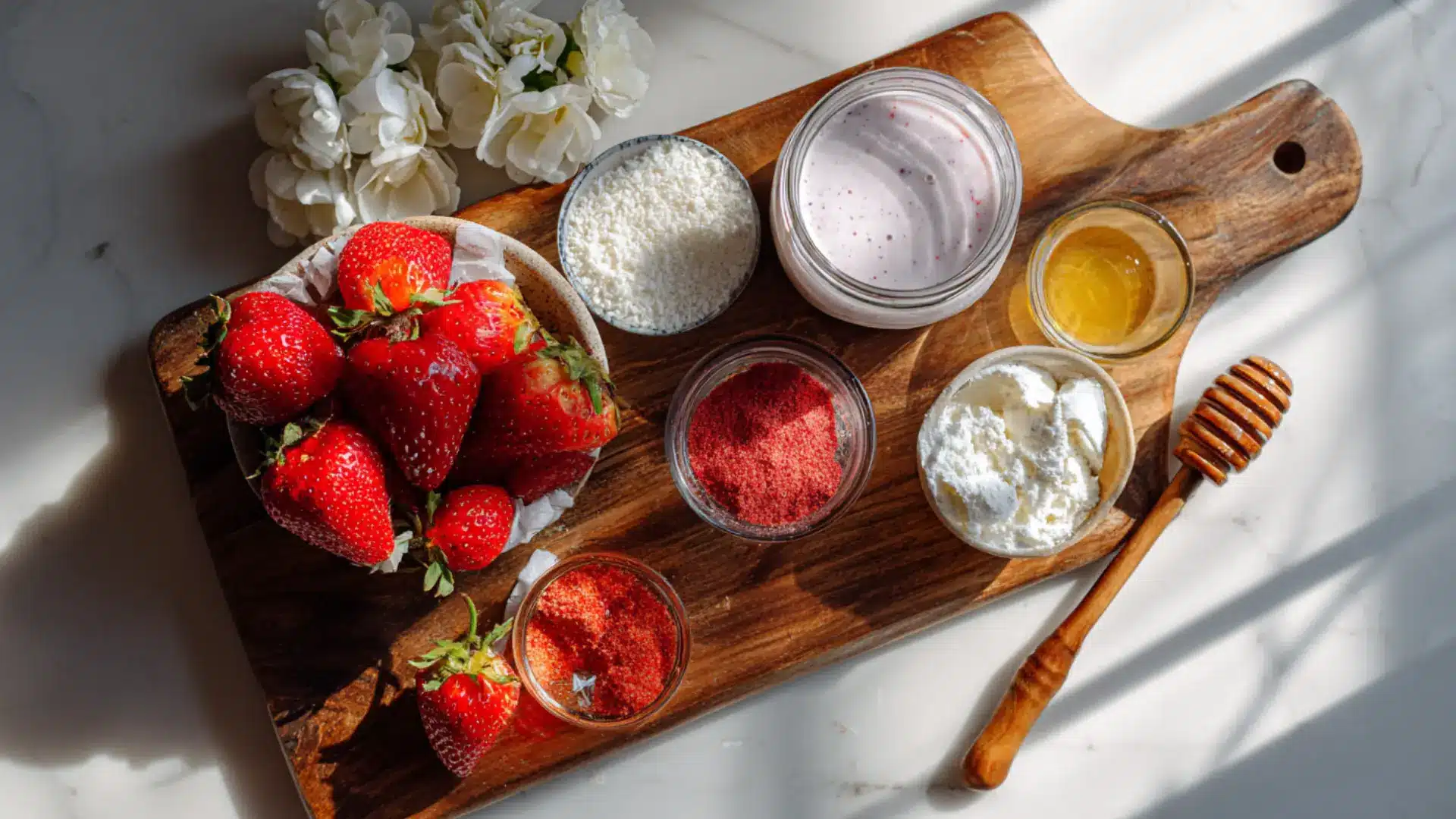 fresh ingredients for hailey bieber strawberry glaze skin smoothie including strawberries coconut cream almond milk collagen peptides