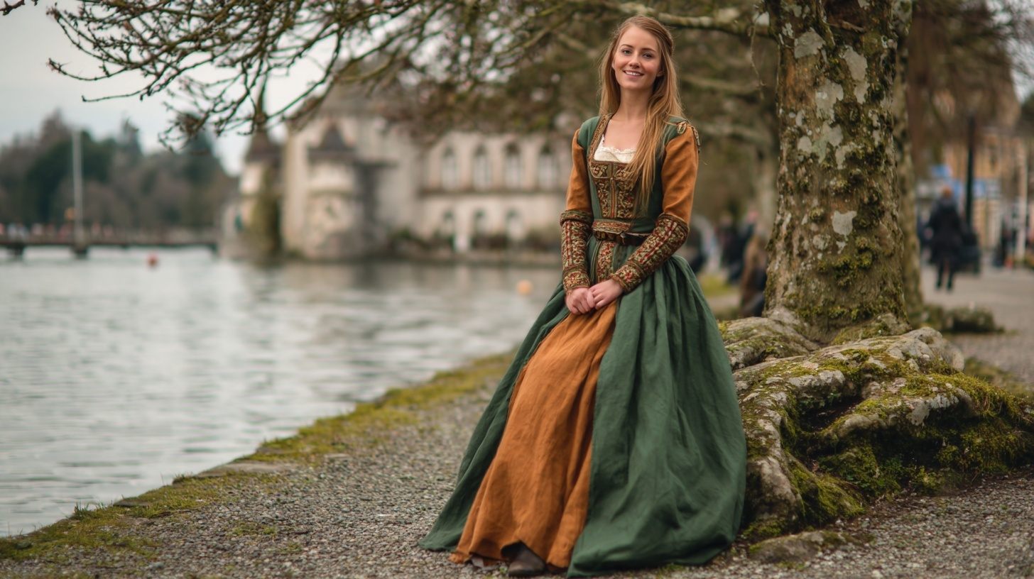 Woman in long green and mustard historical dress with detailed bodice standing outdoors smiling