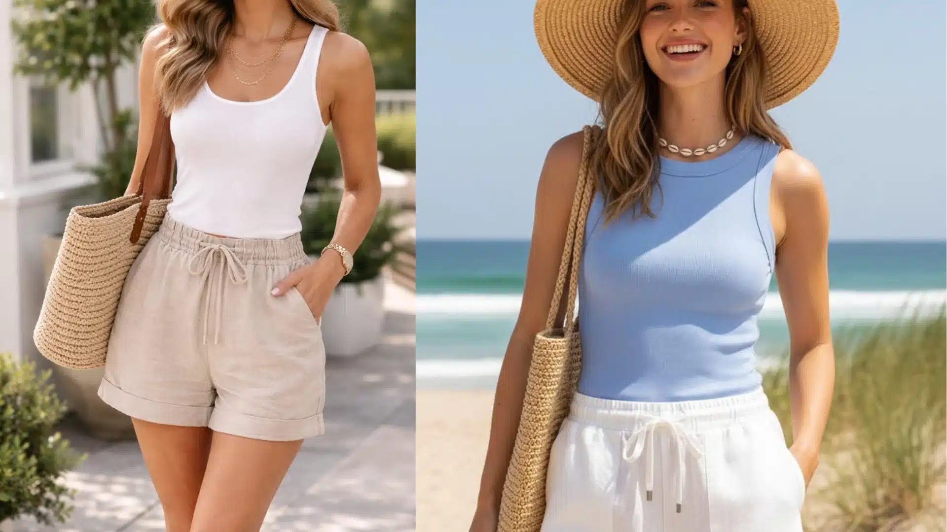Split image showing two women wearing summer tank tops and drawstring shorts one in white and beige linen the other in blue and white at a beach setting
