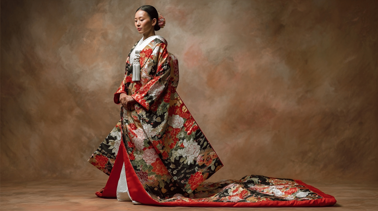 Woman wearing black white and red floral patterned kimono with obi and decorative hairpiece indoors