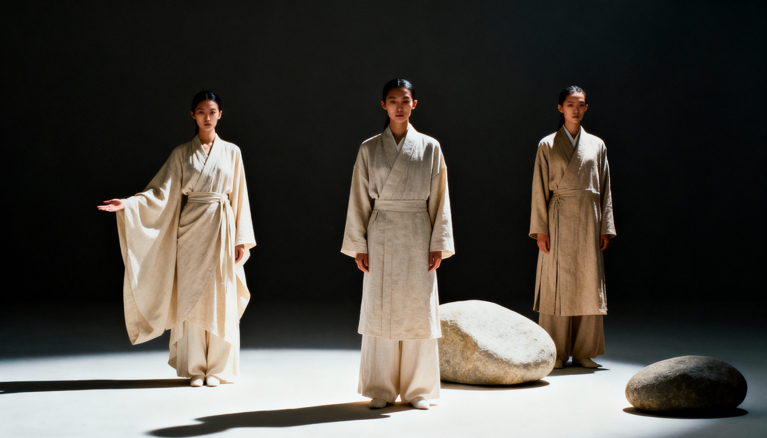 Japanese Zen fashion runway featuring minimalist robes, natural tones, and serene stone-inspired staging