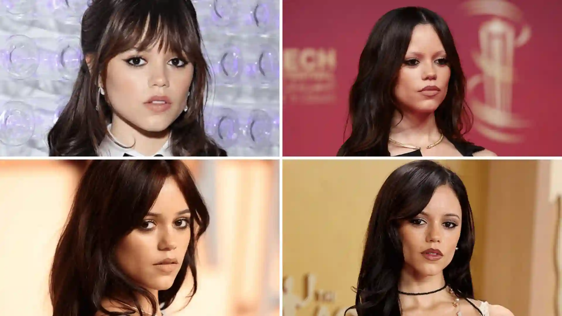 Collage of four close-up portraits of Jenna Ortega from different timelines