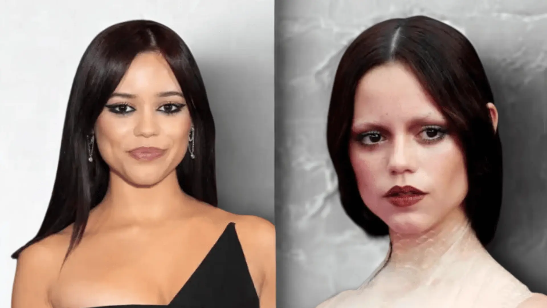 Split image of Jenna Ortega's before and after comparison.