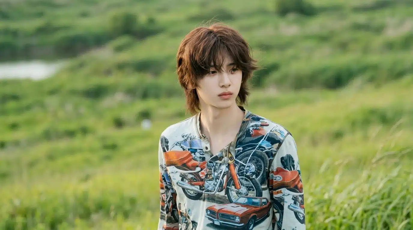 Juhoon posing outdoors in a grassy landscape, wearing a vintage-inspired graphic shirt and showcasing his youthful visuals in a photoshoot.