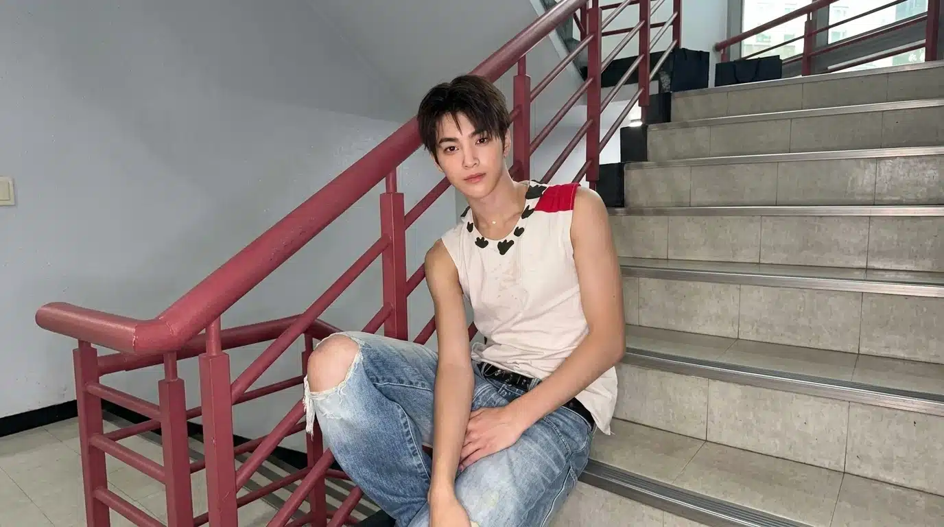 CORTIS member Keonho posing on a staircase during a photoshoot, showcasing a casual sleeveless outfit and youthful charm.
