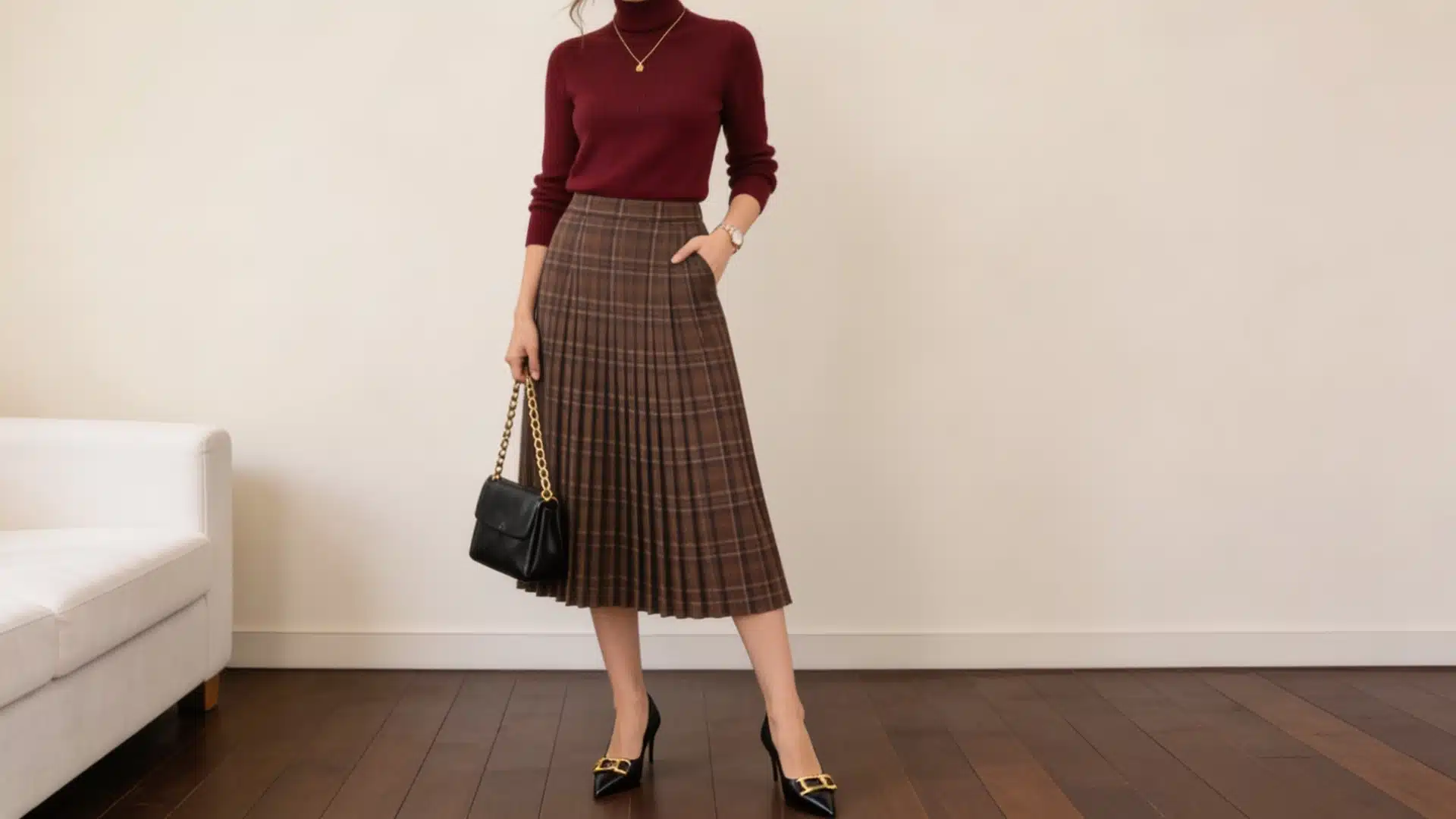 Woman wearing a burgundy turtleneck, brown plaid midi skirt, and black high-heeled pumps standing indoors with a black purse.