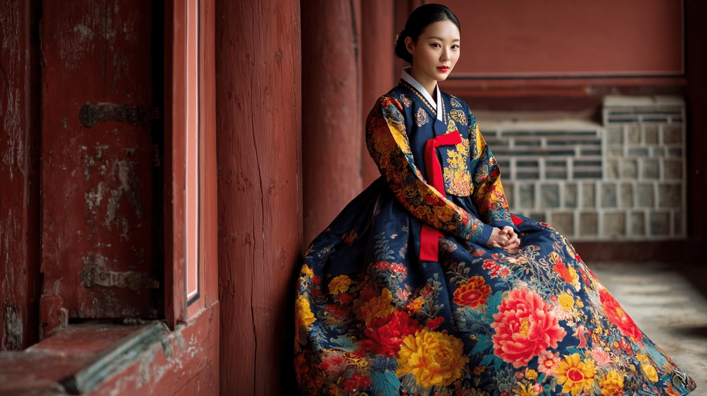Woman seated wearing blue red and gold hanbok with floral embroidery and red bow indoors